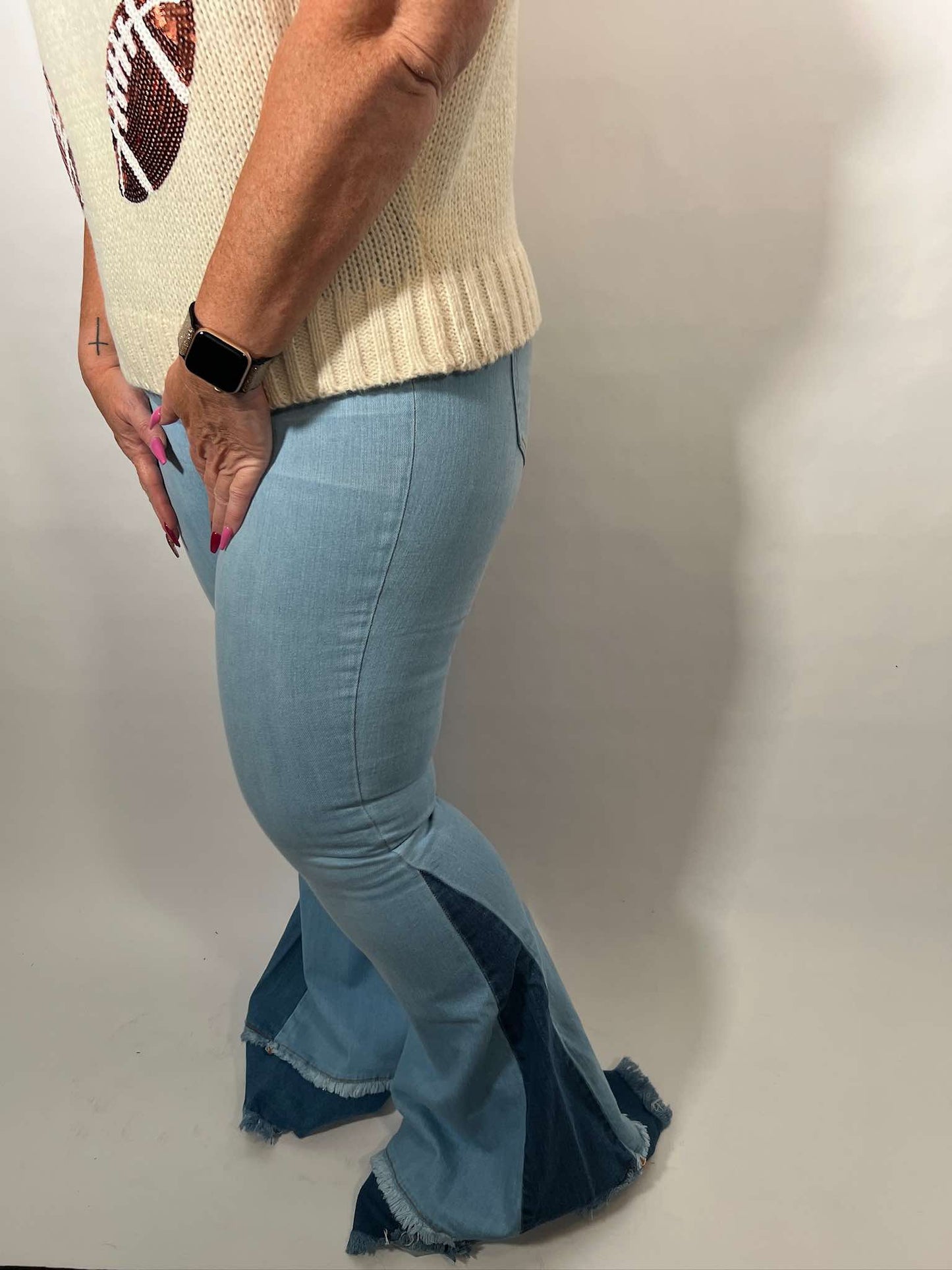 High Rise Light Blue Two Tones Flare Jeans
