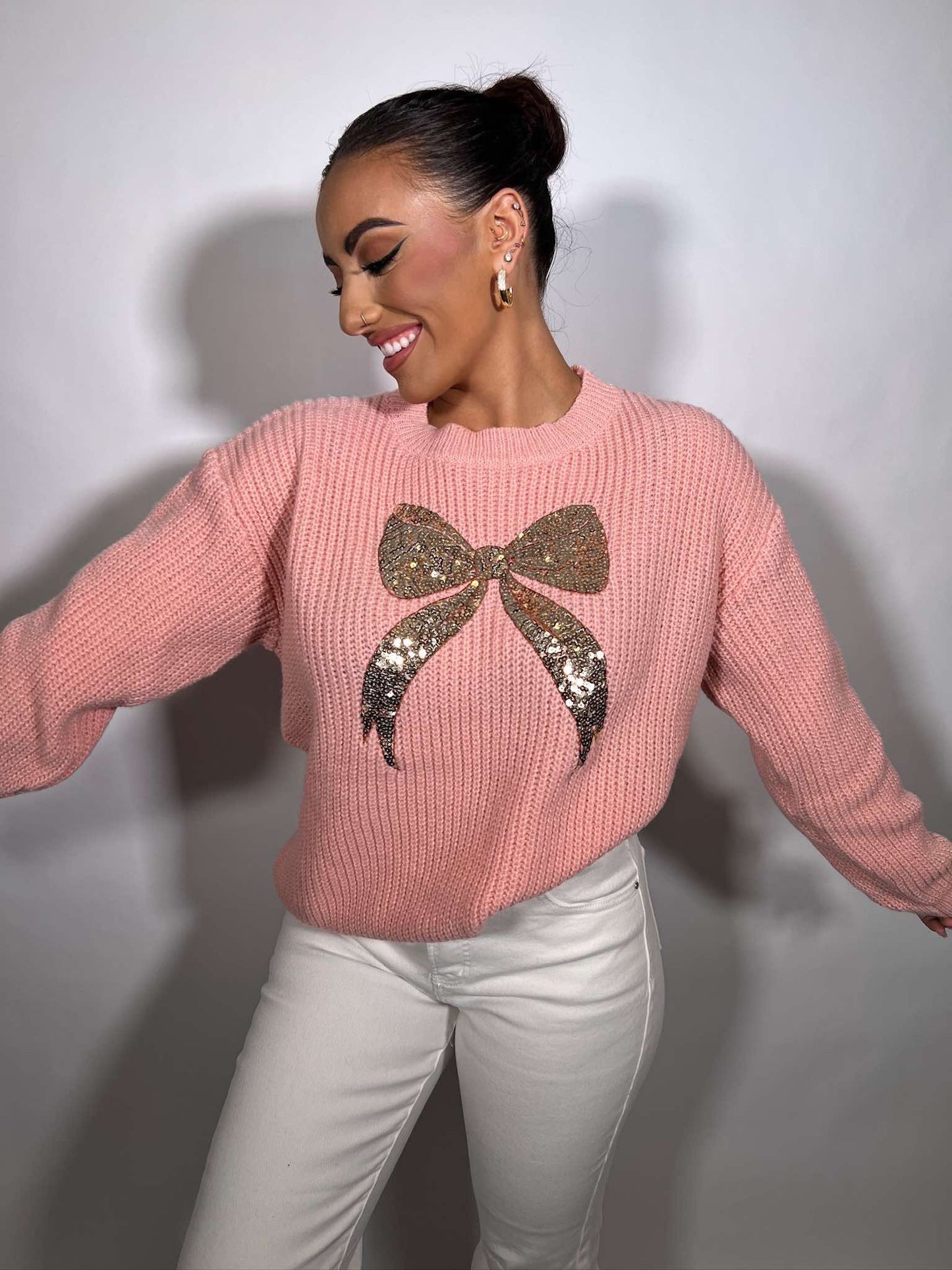 RIBBON SEQUINS CHRISTMAS HOLIDAY SWEATER TOP