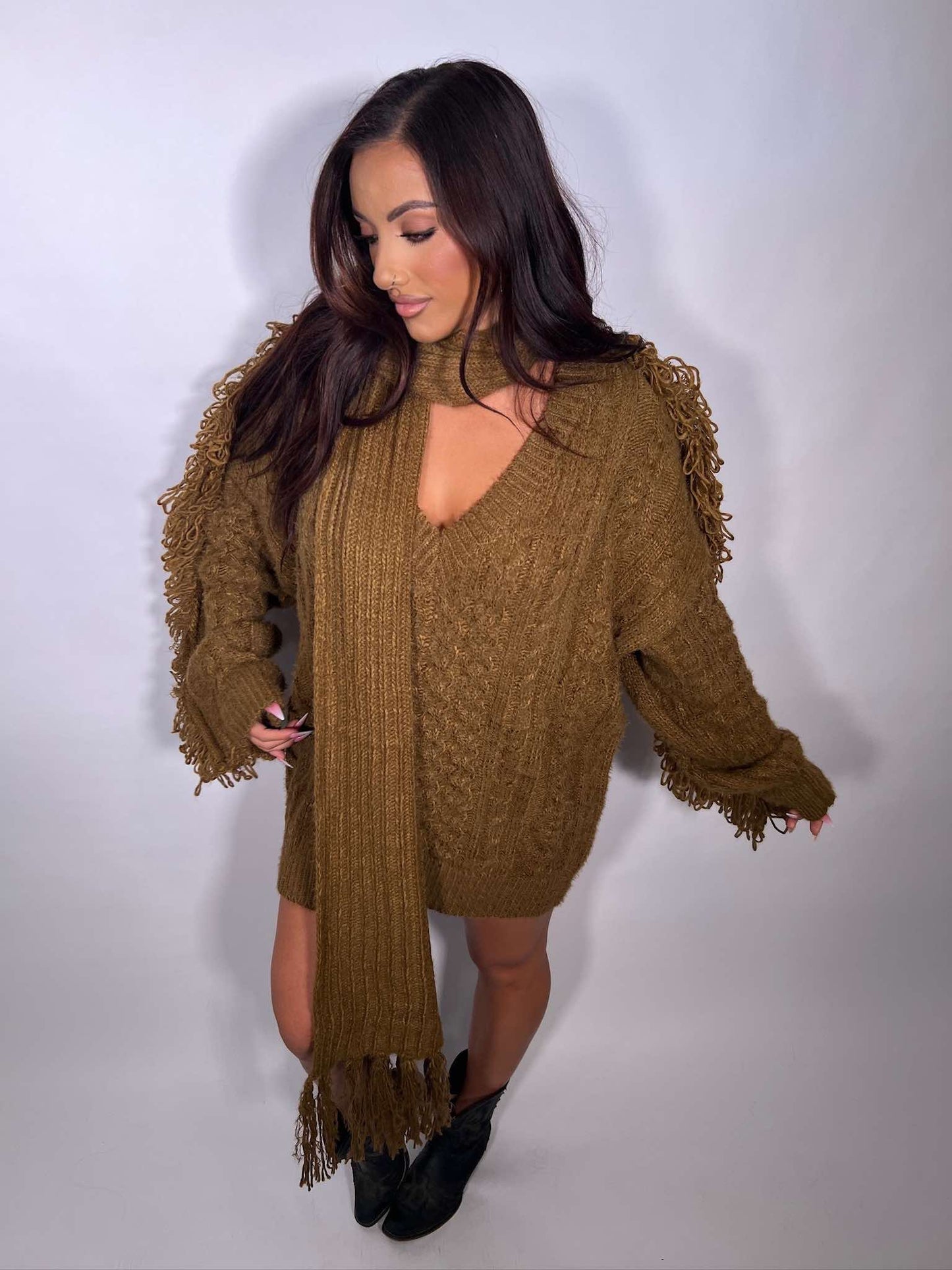 Chunky Knit Sweater Dress with Fringe