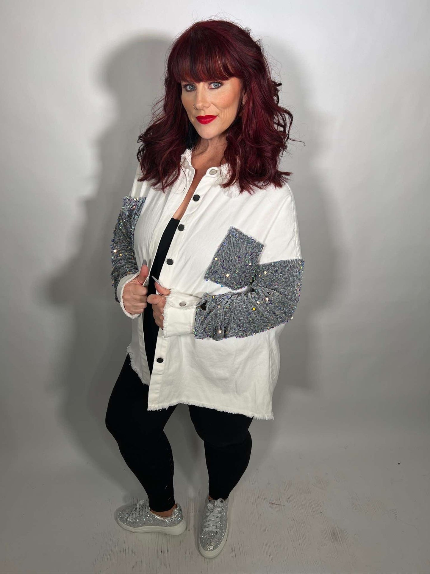 CONTRAST SEQUIN RAW HEM SHACKET