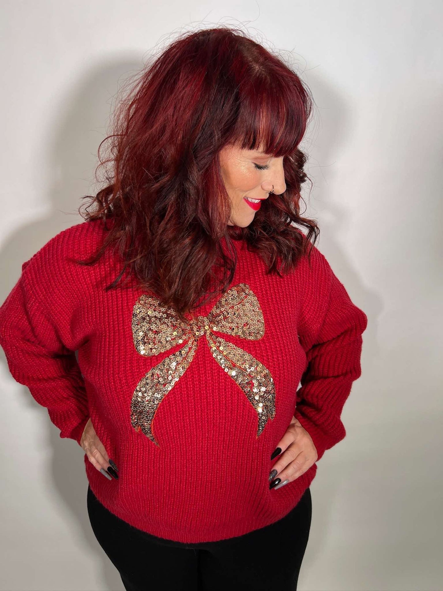 RIBBON SEQUINS CHRISTMAS HOLIDAY SWEATER TOP