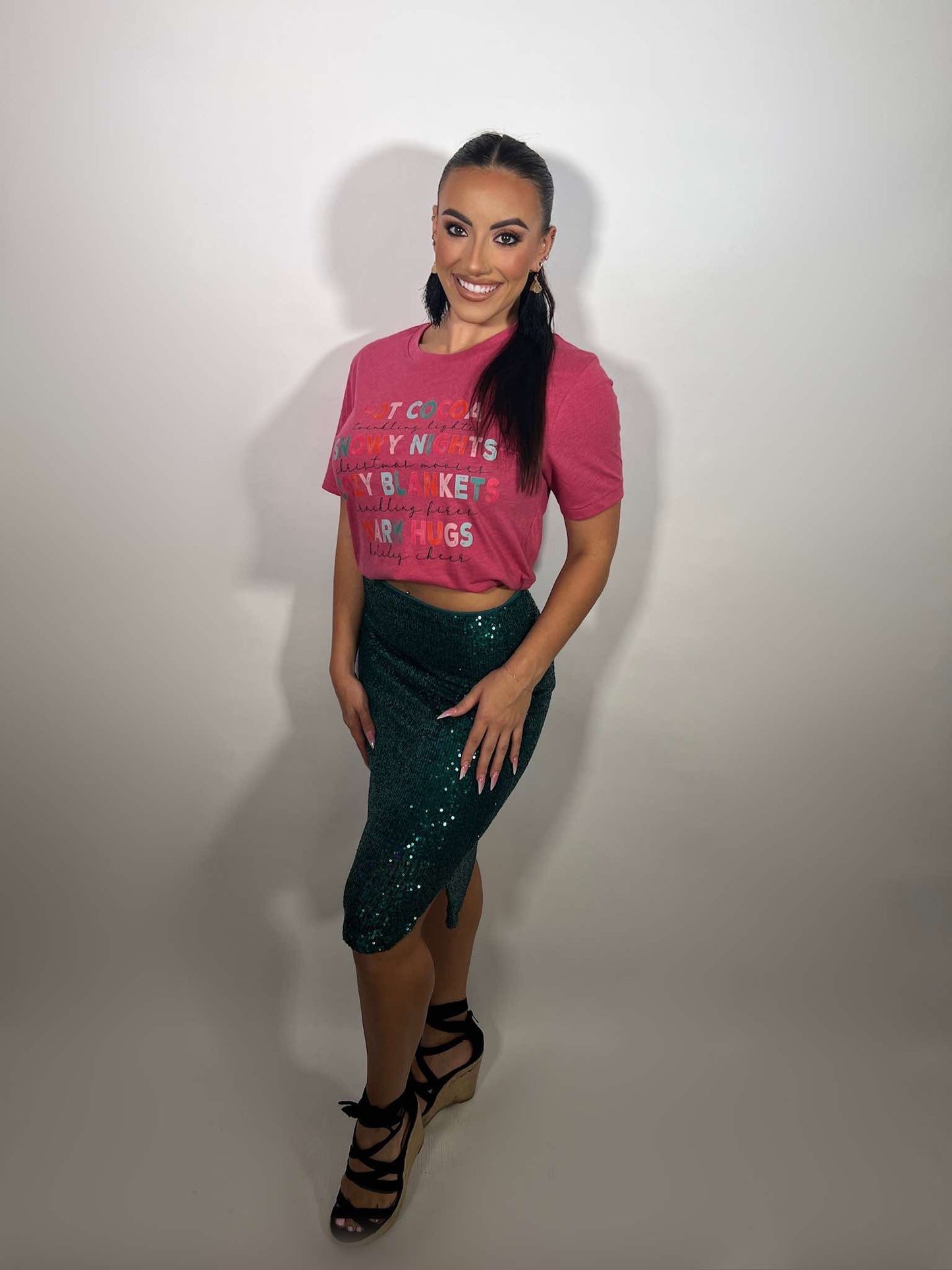 ELASTIC WAIST SIDE SLIT SEQUIN MIDI SKIRT
