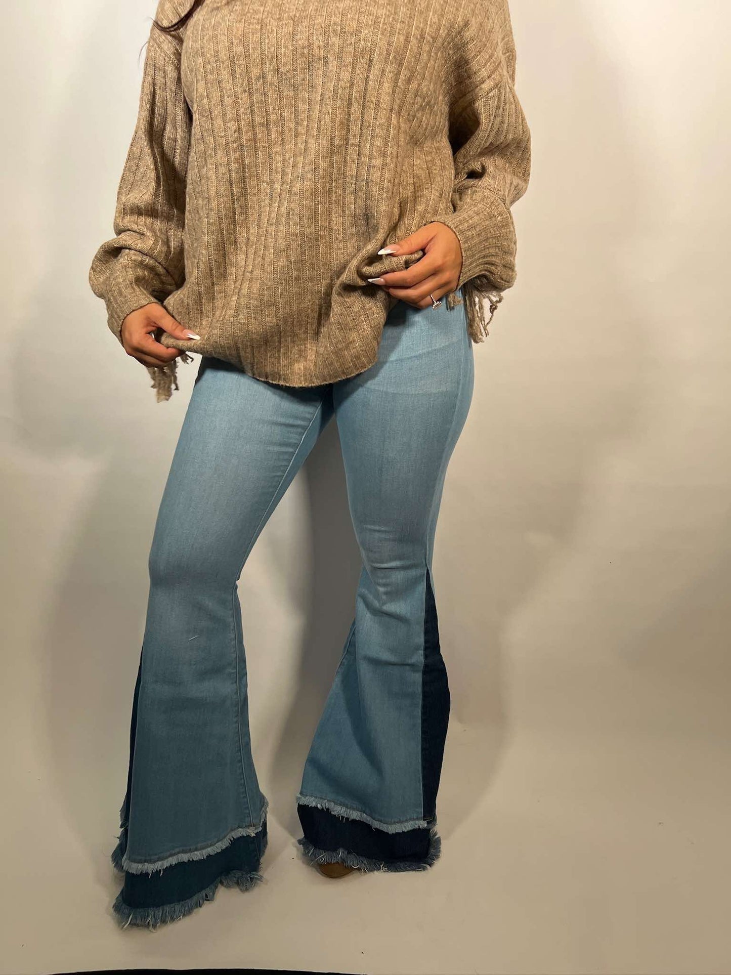 High Rise Light Blue Two Tones Flare Jeans