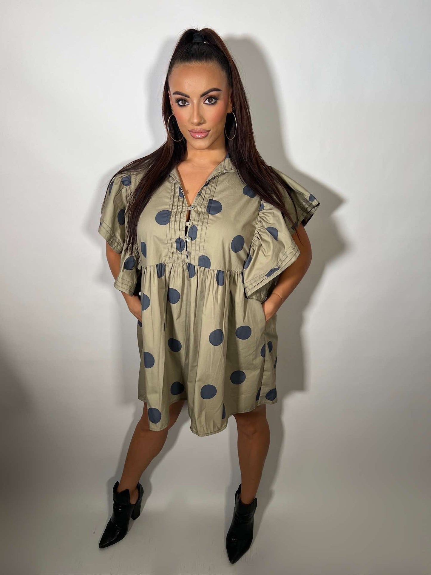 Ruffle Sleeve Pintuck Detail Polka Dot Mini Dress