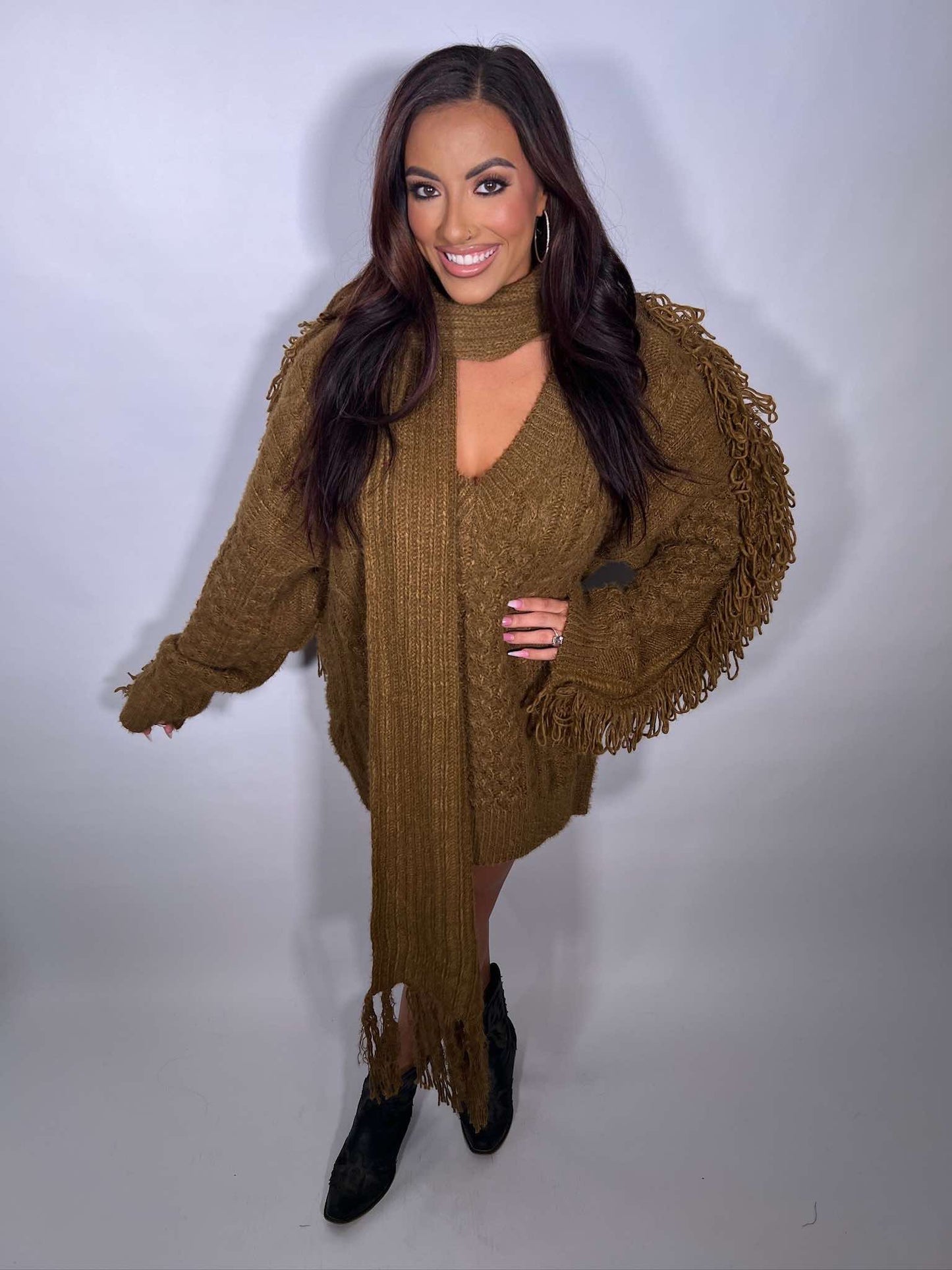 Chunky Knit Sweater Dress with Fringe