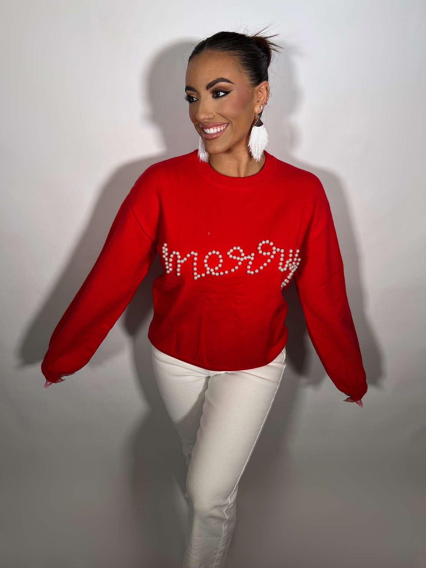 Pearl Beaded Merry Casual Sweater