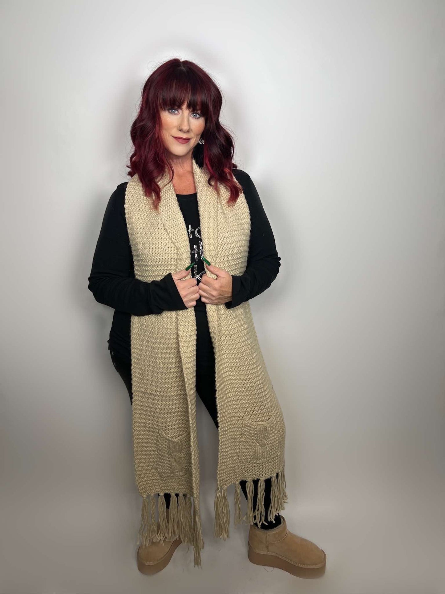 Oversized Two Pocket Tassel Scarf
