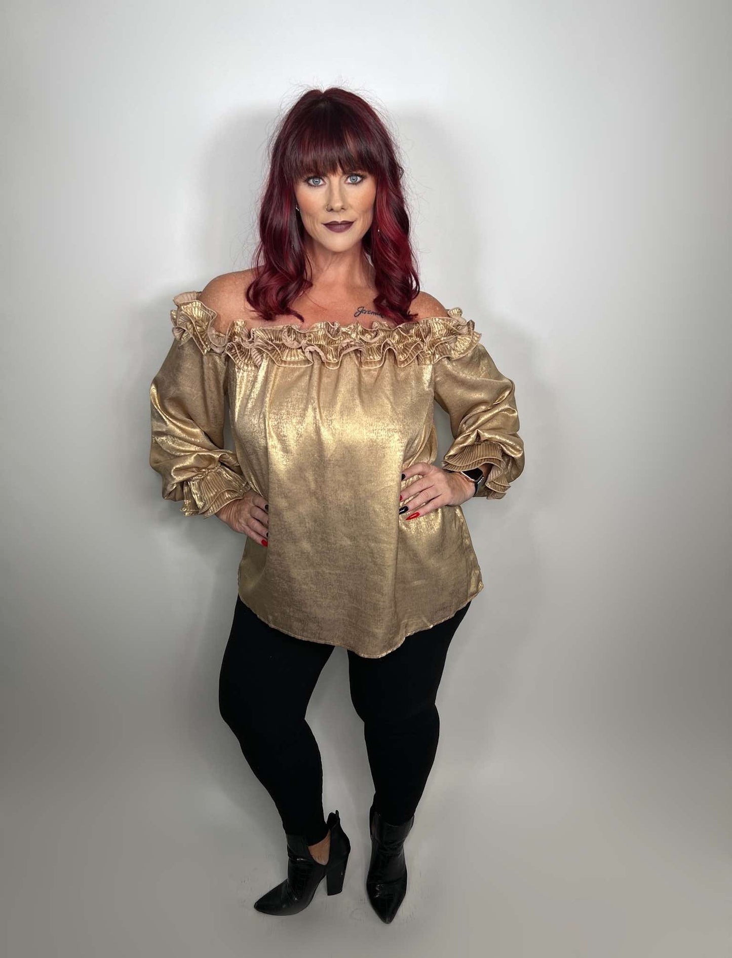 PLEATED RUFFLE OFF THE SHOULDER METALLIC BLOUSE