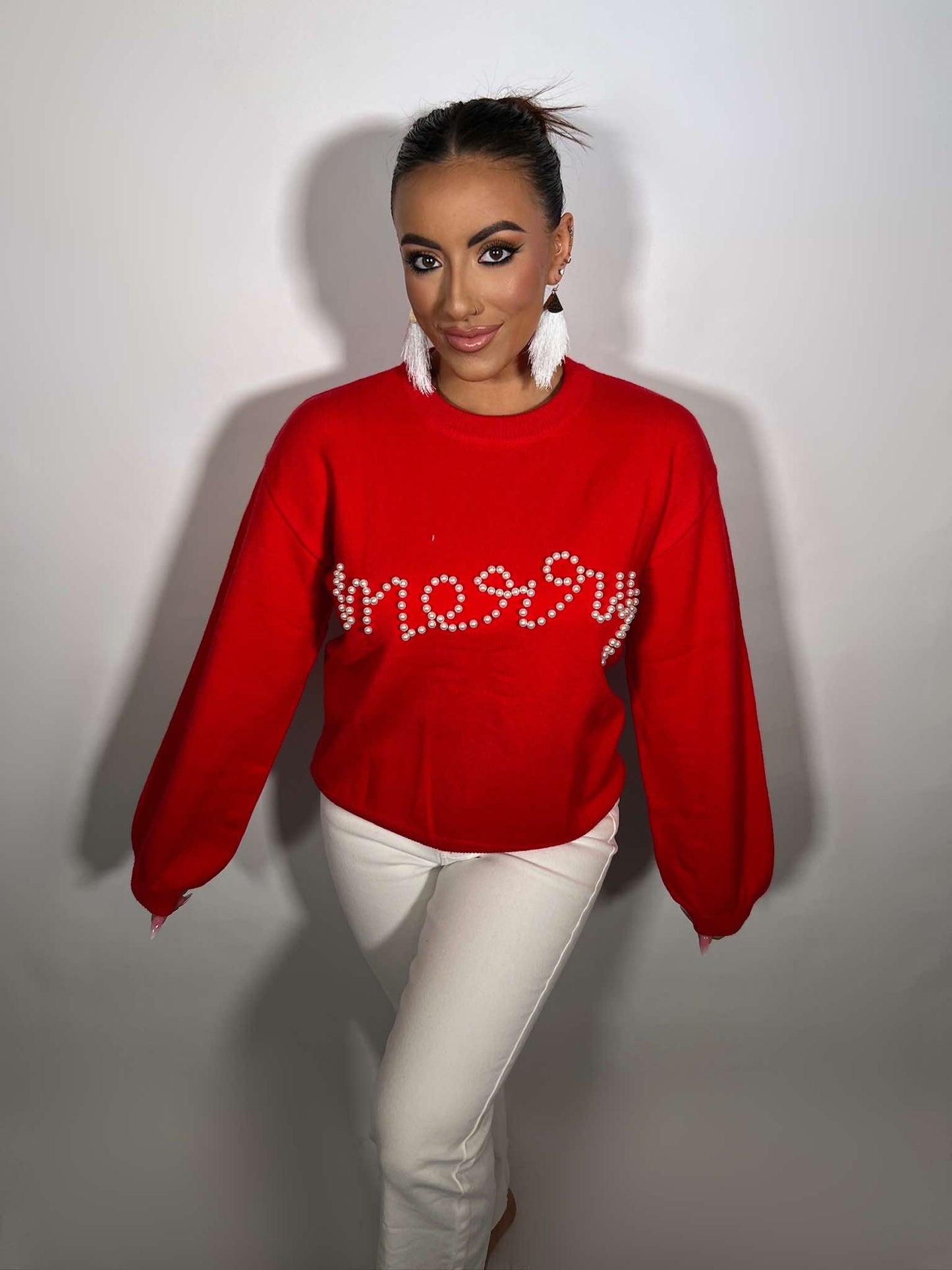 Pearl Beaded Merry Casual Sweater