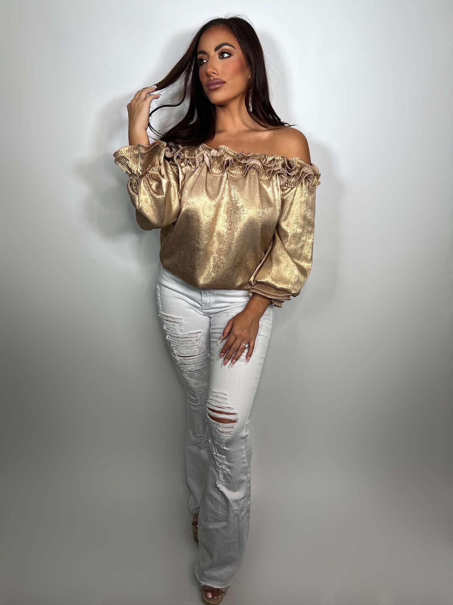 PLEATED RUFFLE OFF THE SHOULDER METALLIC BLOUSE