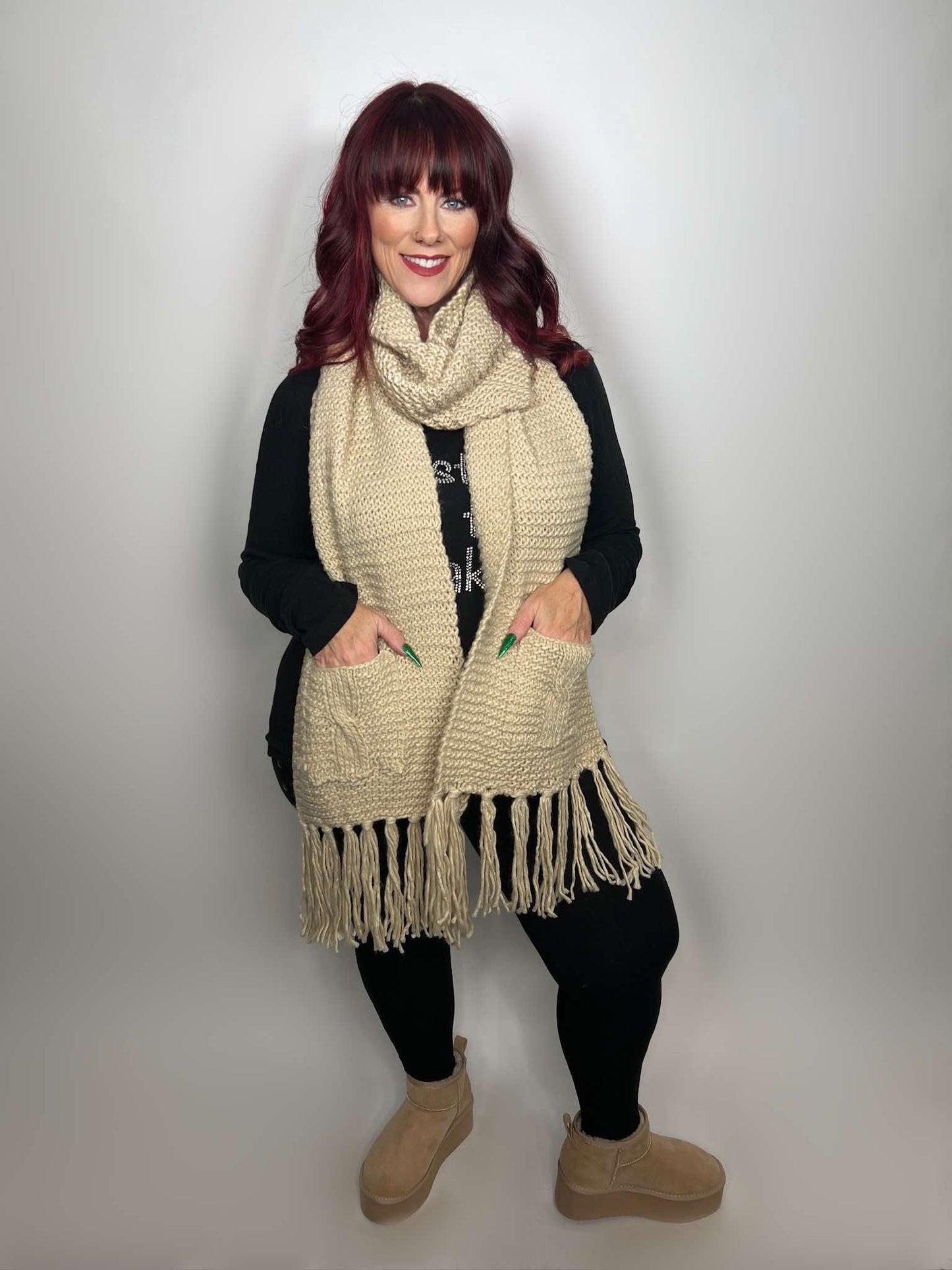 Oversized Two Pocket Tassel Scarf