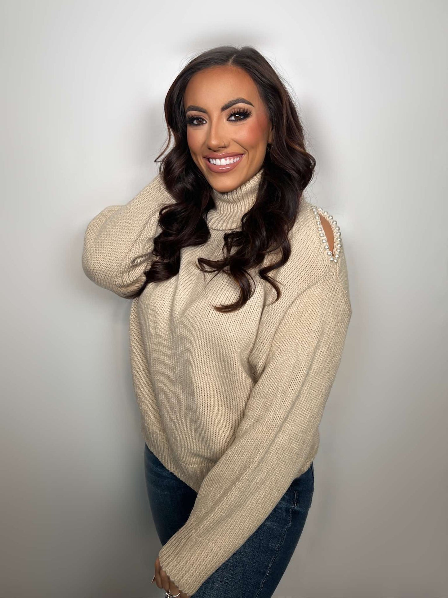 Turtleneck Pearled Knit Sweater