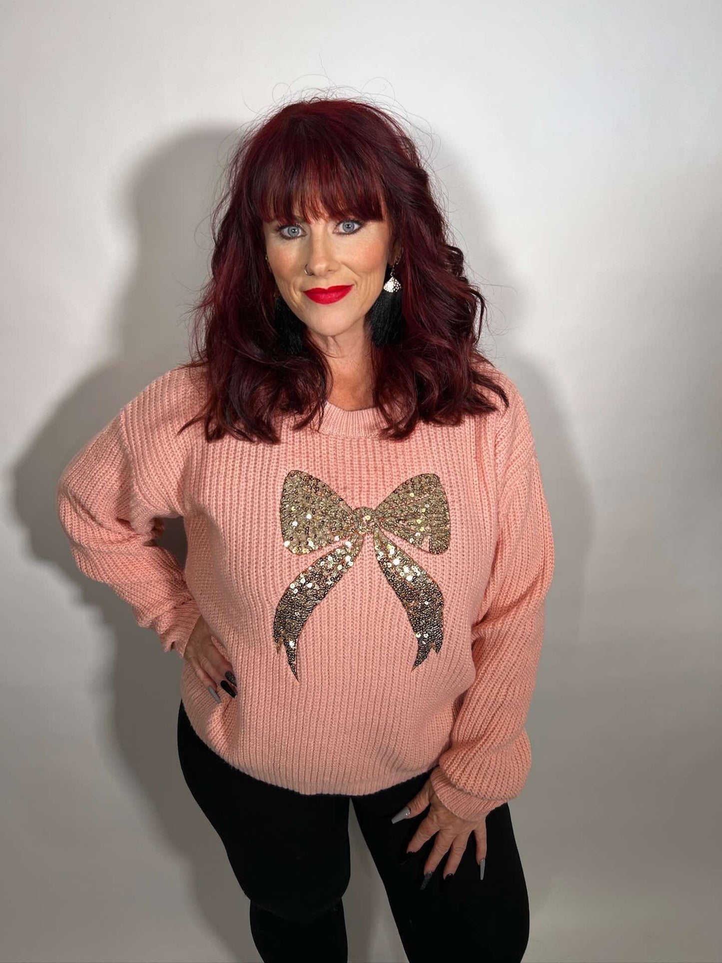 RIBBON SEQUINS CHRISTMAS HOLIDAY SWEATER TOP