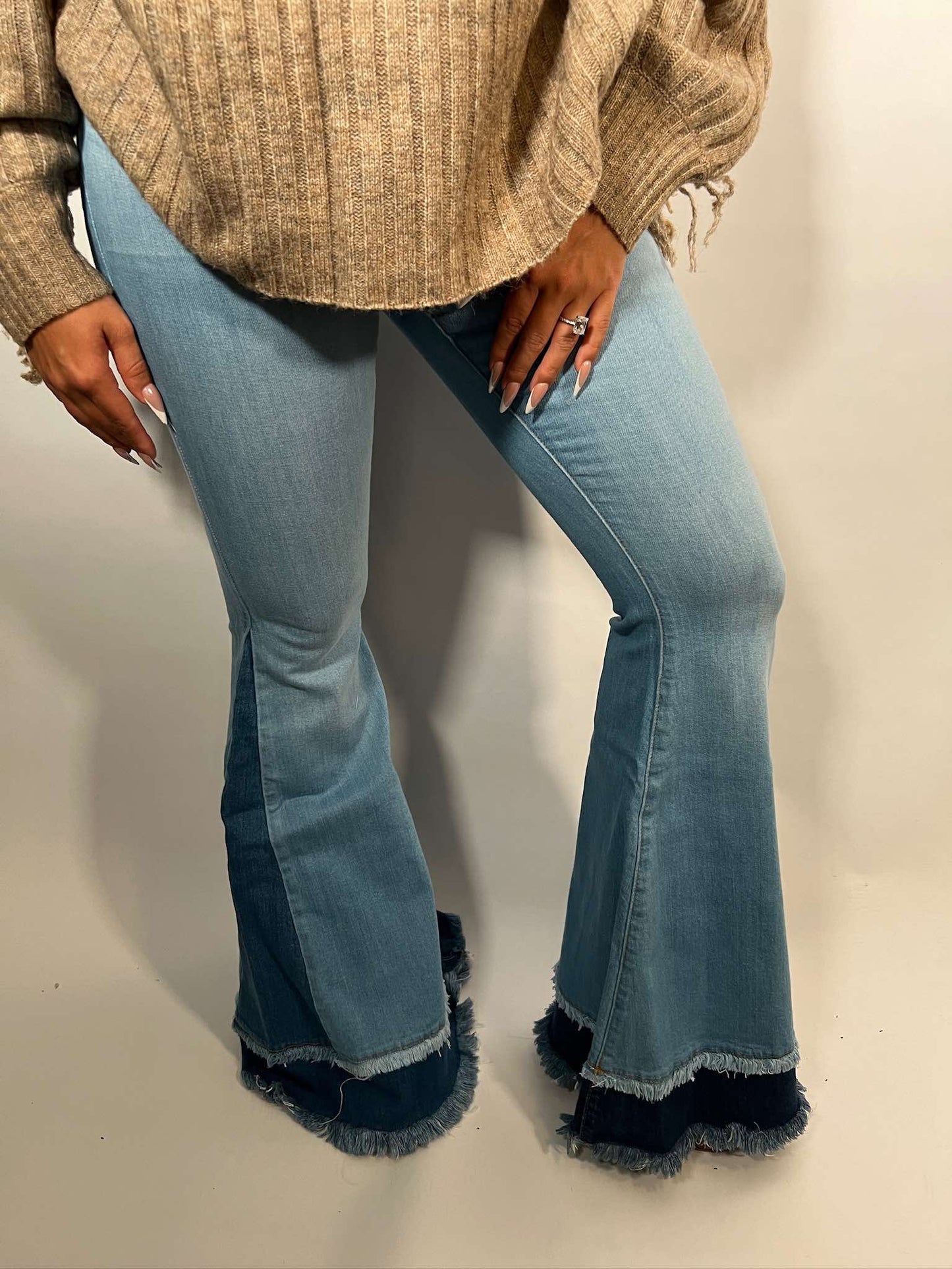 High Rise Light Blue Two Tones Flare Jeans