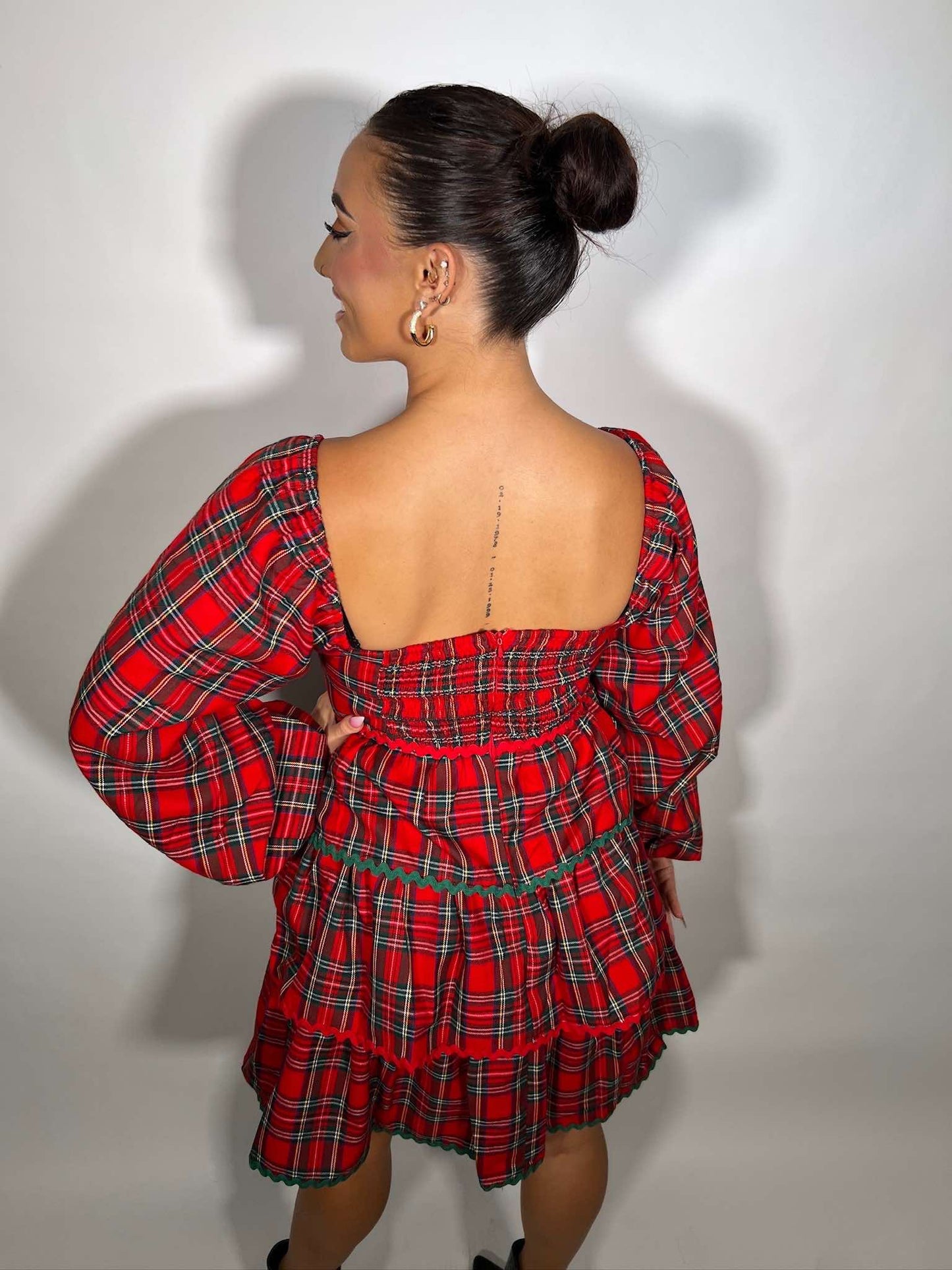 Christmas Plaid Long Sleeve Tiered Dress