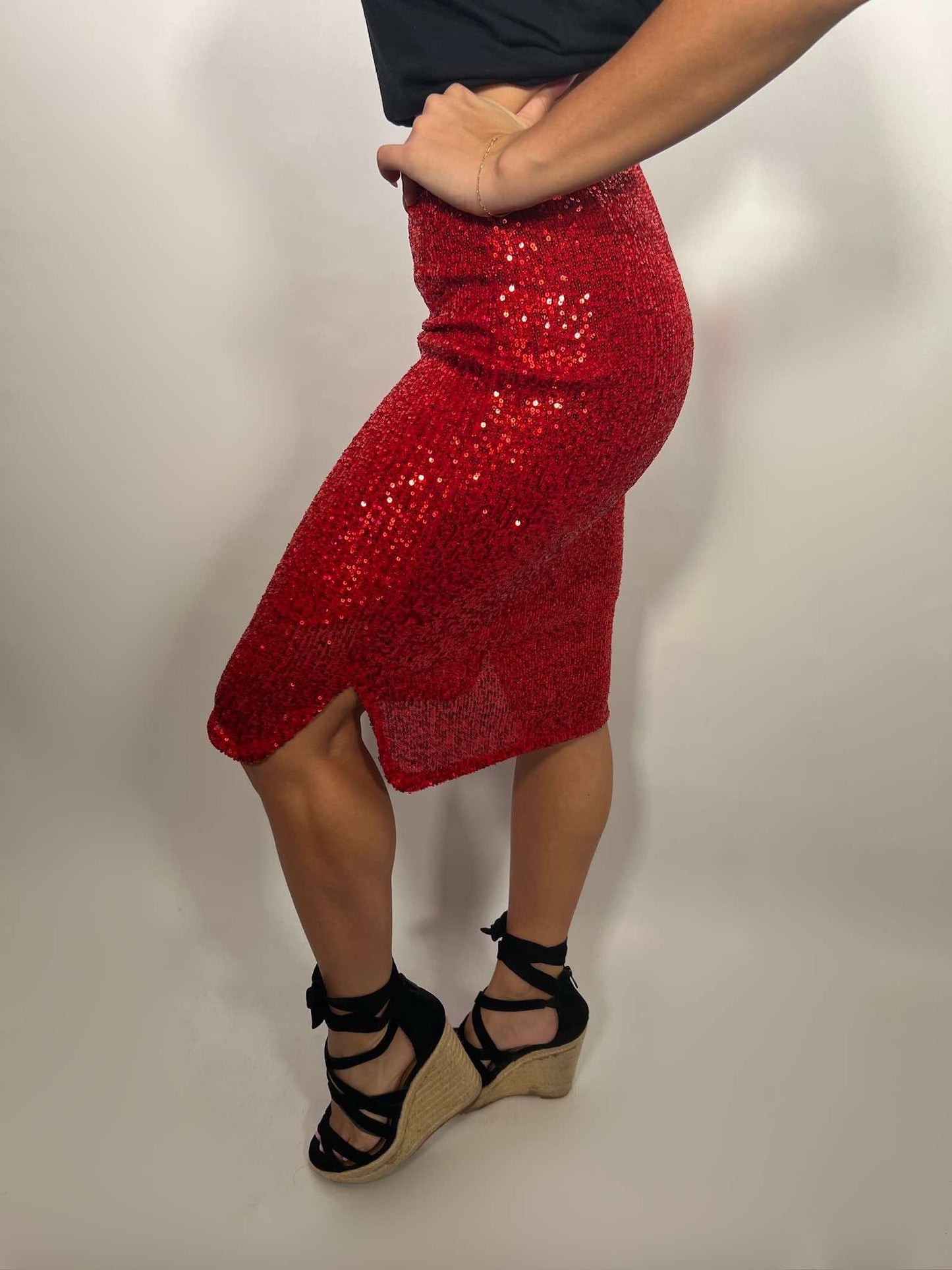 ELASTIC WAIST SIDE SLIT SEQUIN MIDI SKIRT