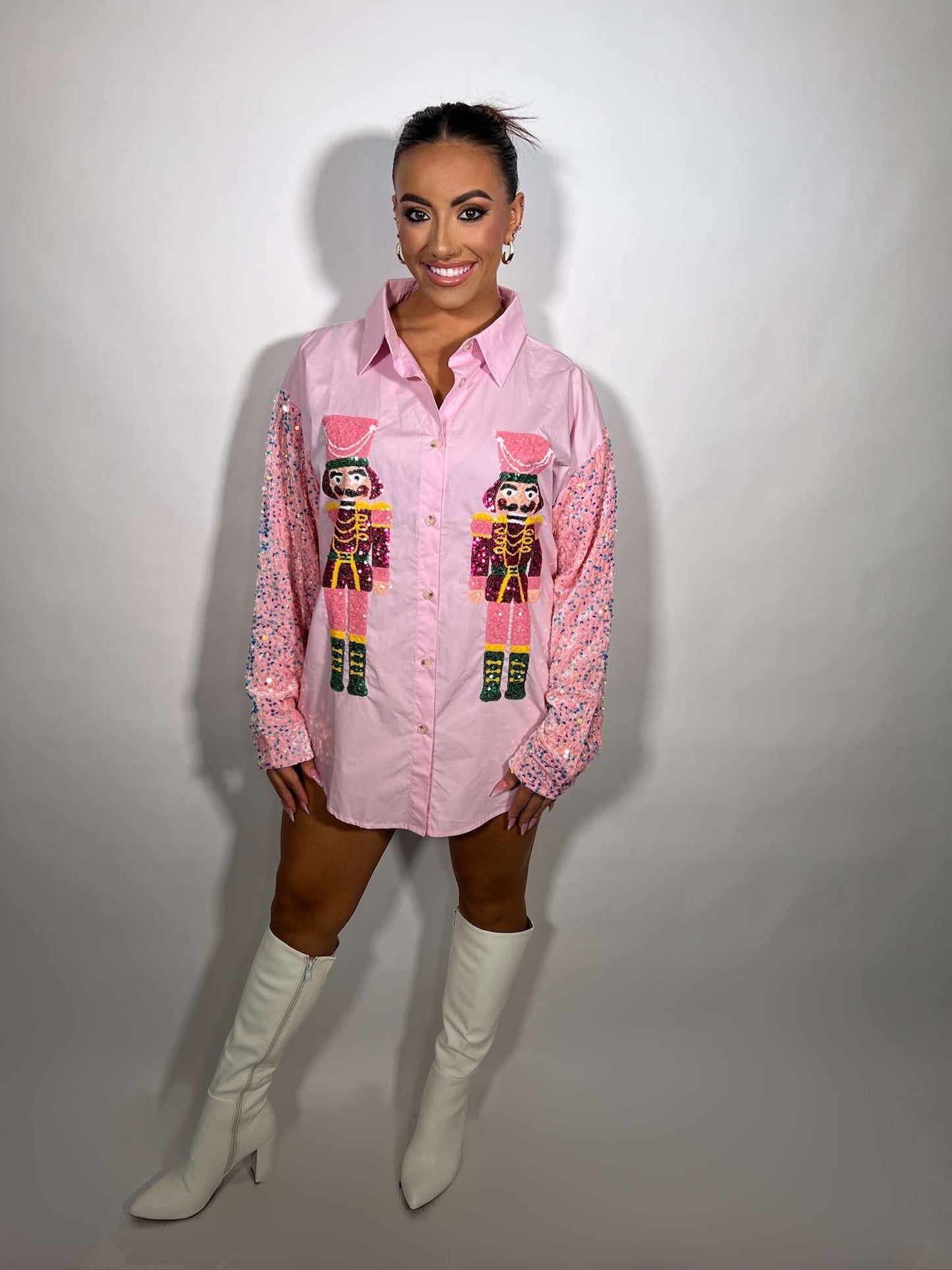 SEQUIN NUTCRACKERS VELVET SEQUIN SLEEVE SHIRT