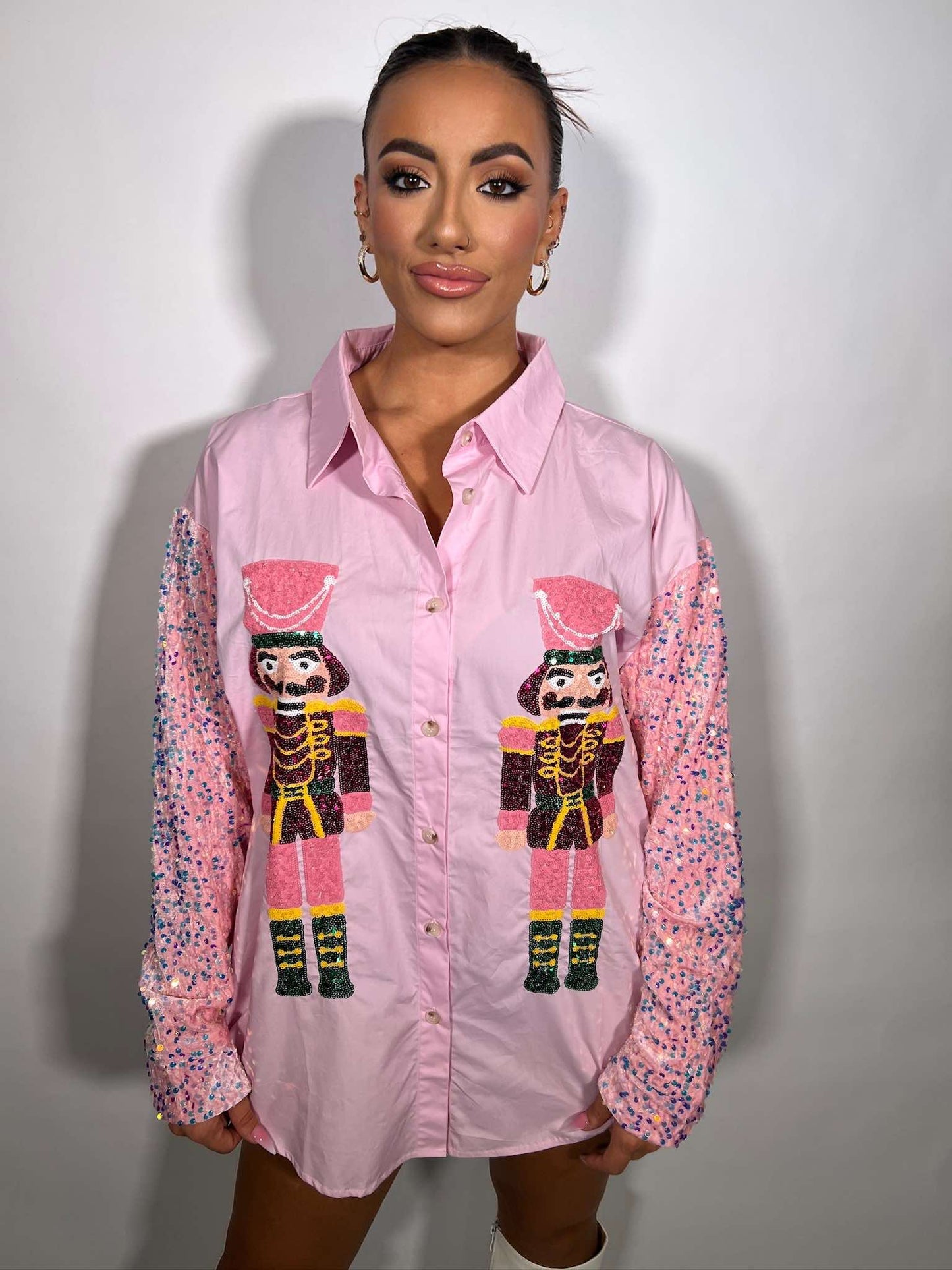 SEQUIN NUTCRACKERS VELVET SEQUIN SLEEVE SHIRT