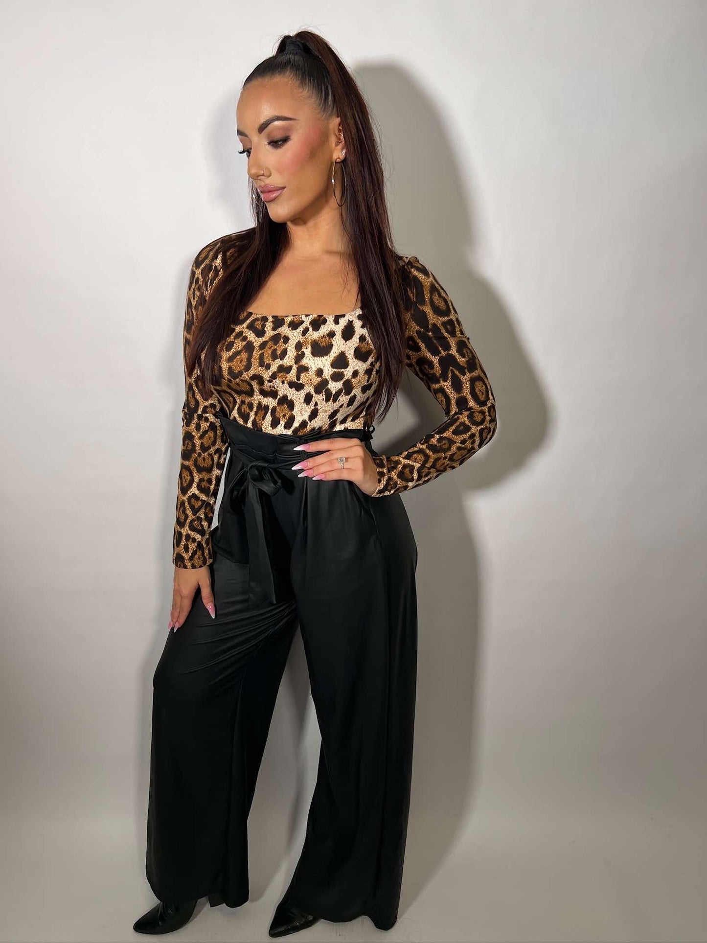 LEOPARD TOP FAUX LEATHER JUMPSUIT