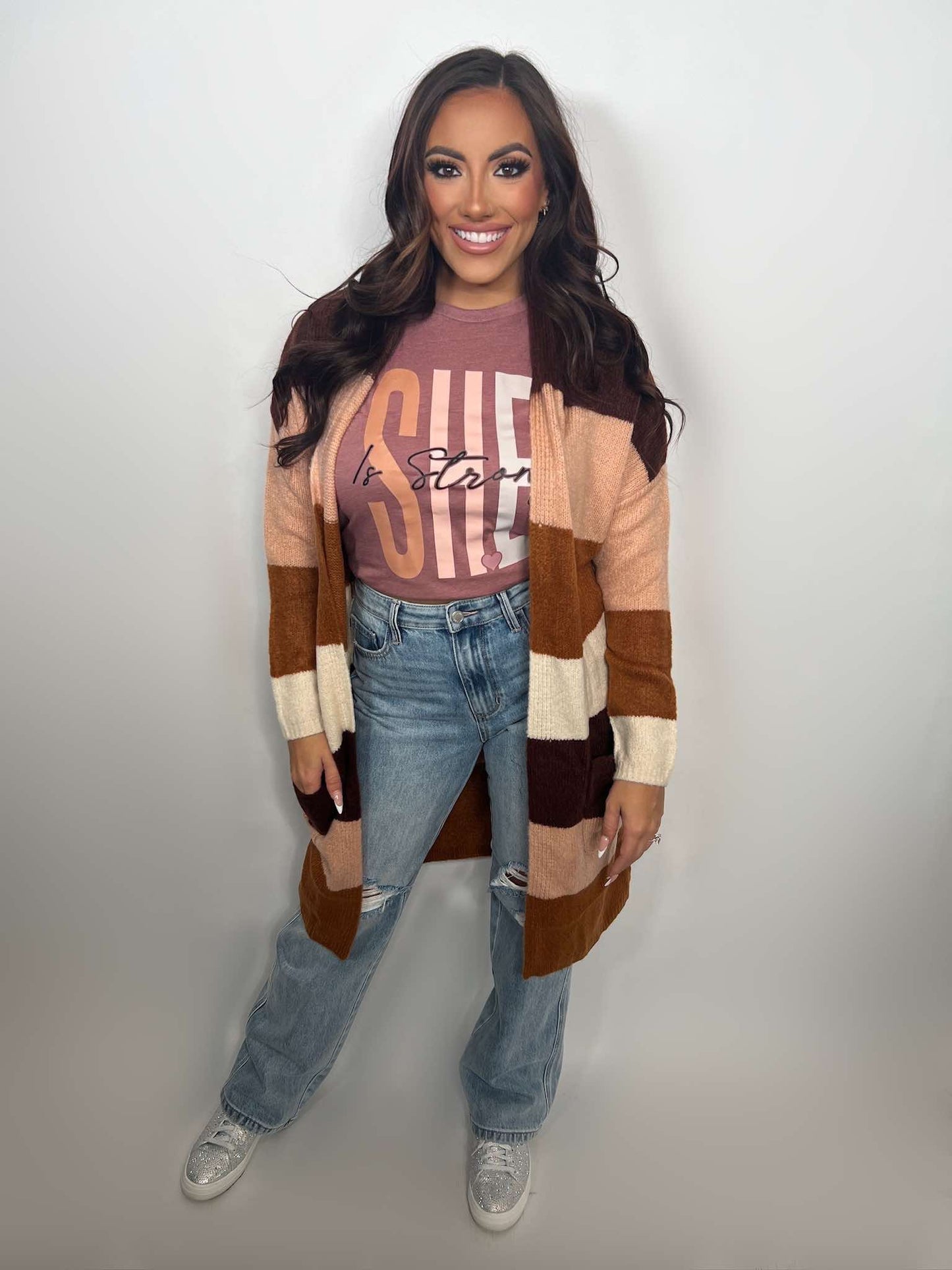 LONG SLV OPEN FRONT COLOR BLOCK CARDIGAN - PEACH