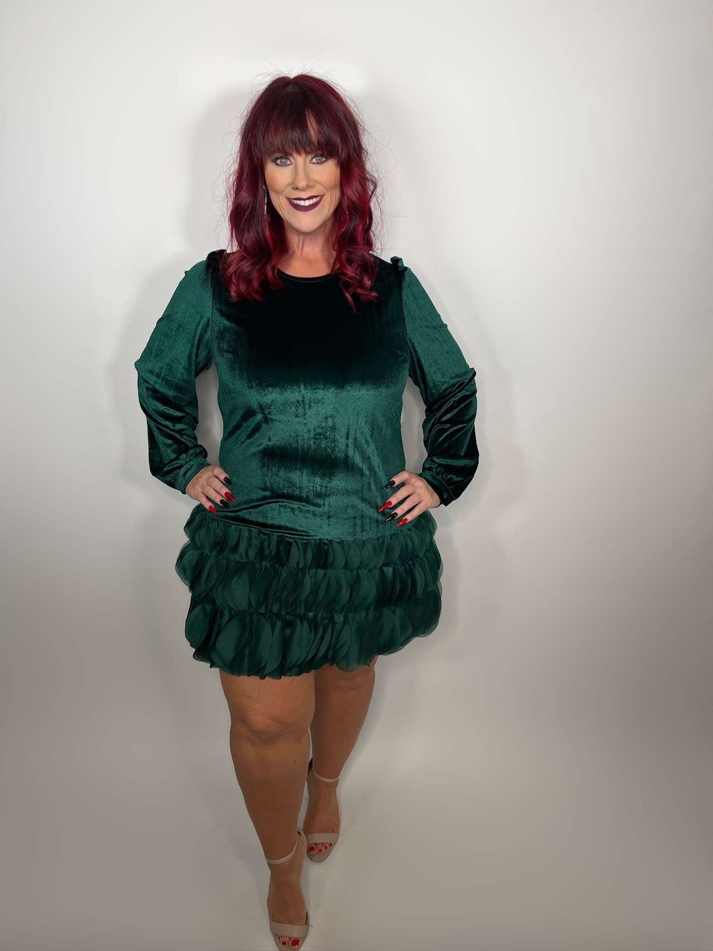 Long Sleeve Velvet Dots Organza Trim Mini Dress
