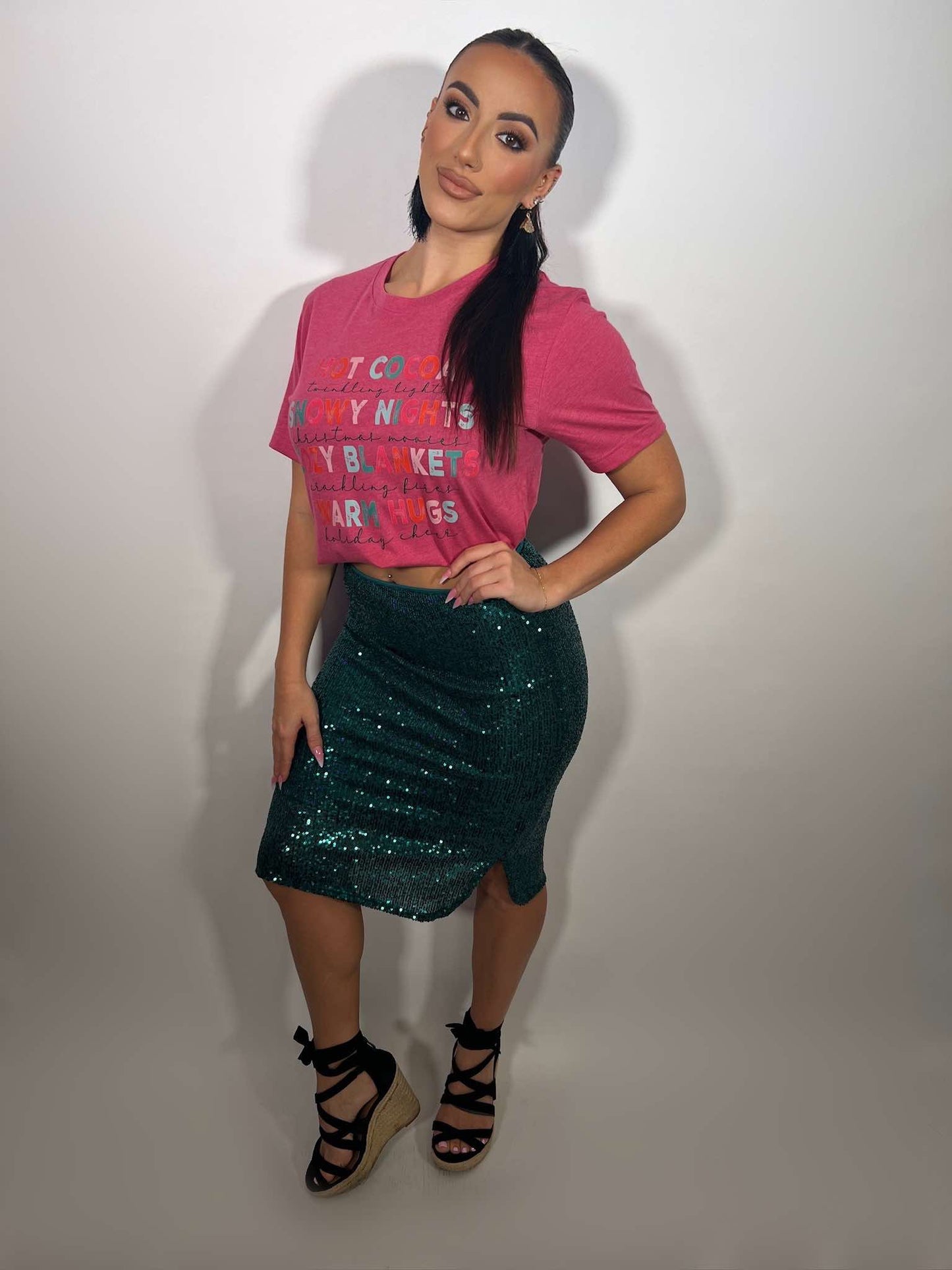 ELASTIC WAIST SIDE SLIT SEQUIN MIDI SKIRT