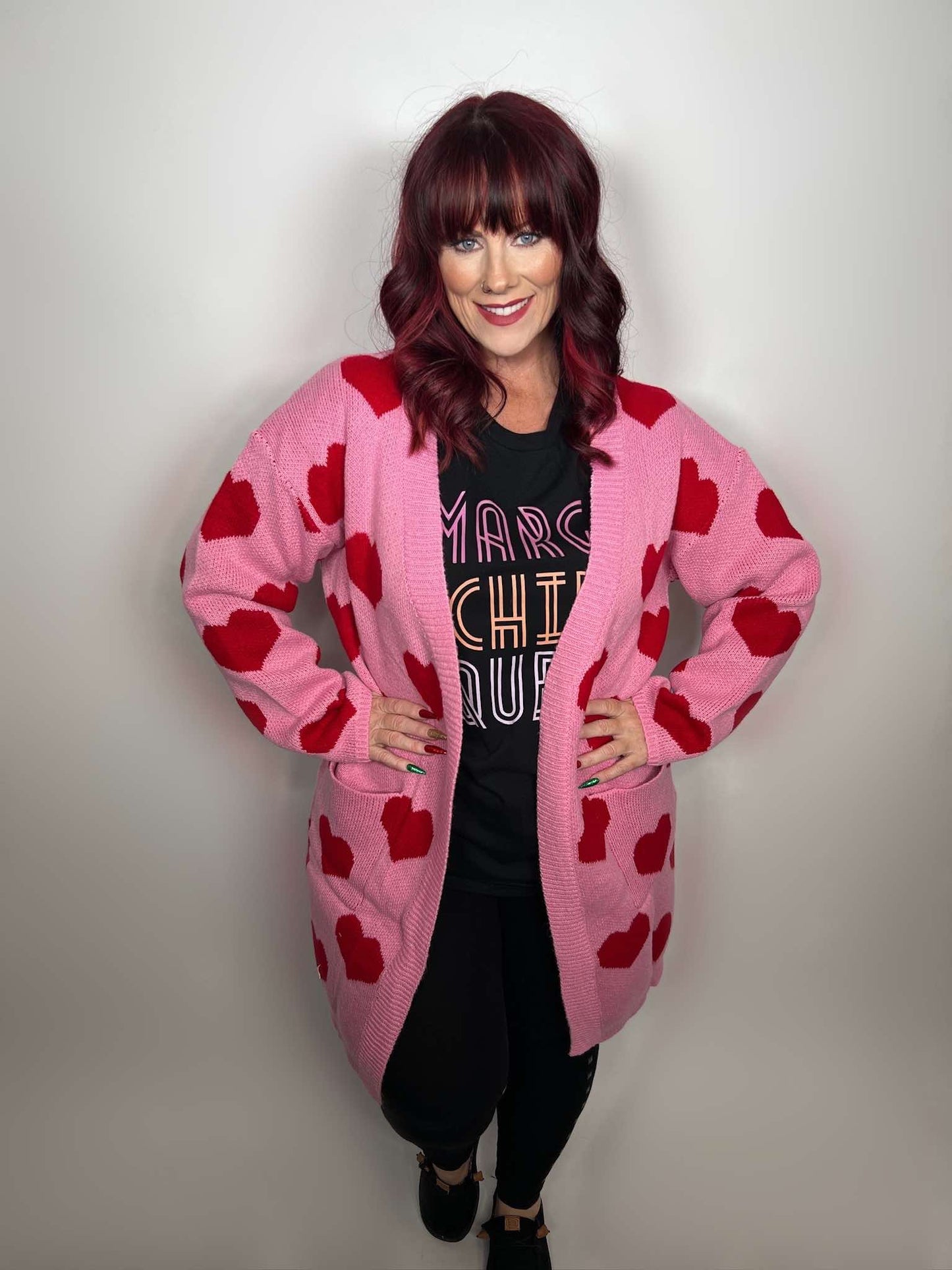 HEART PATTERN LONG KNIT CARDIGAN WITH POCKETS