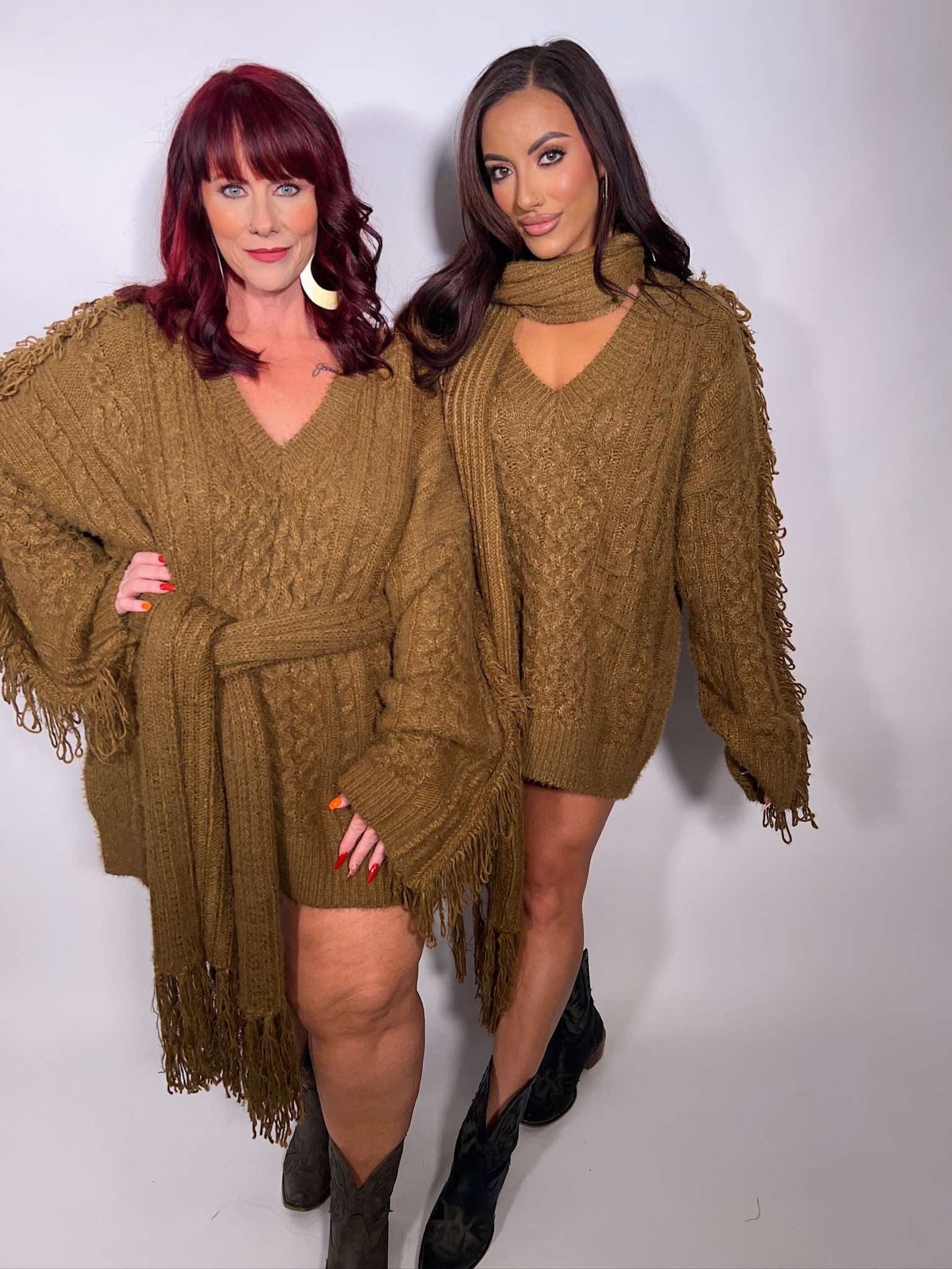 Chunky Knit Sweater Dress with Fringe