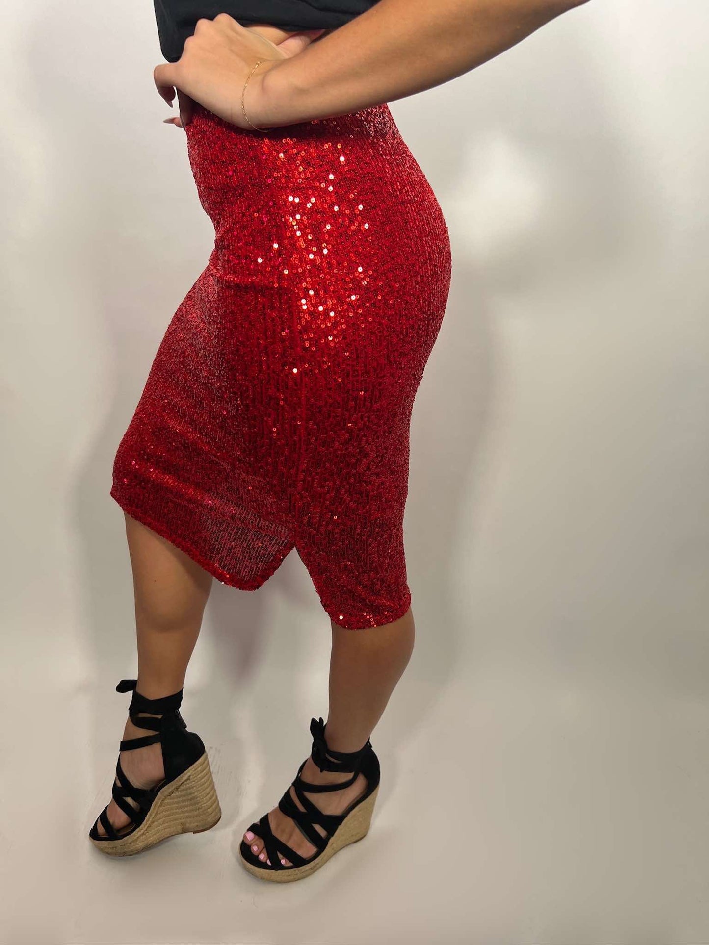 ELASTIC WAIST SIDE SLIT SEQUIN MIDI SKIRT