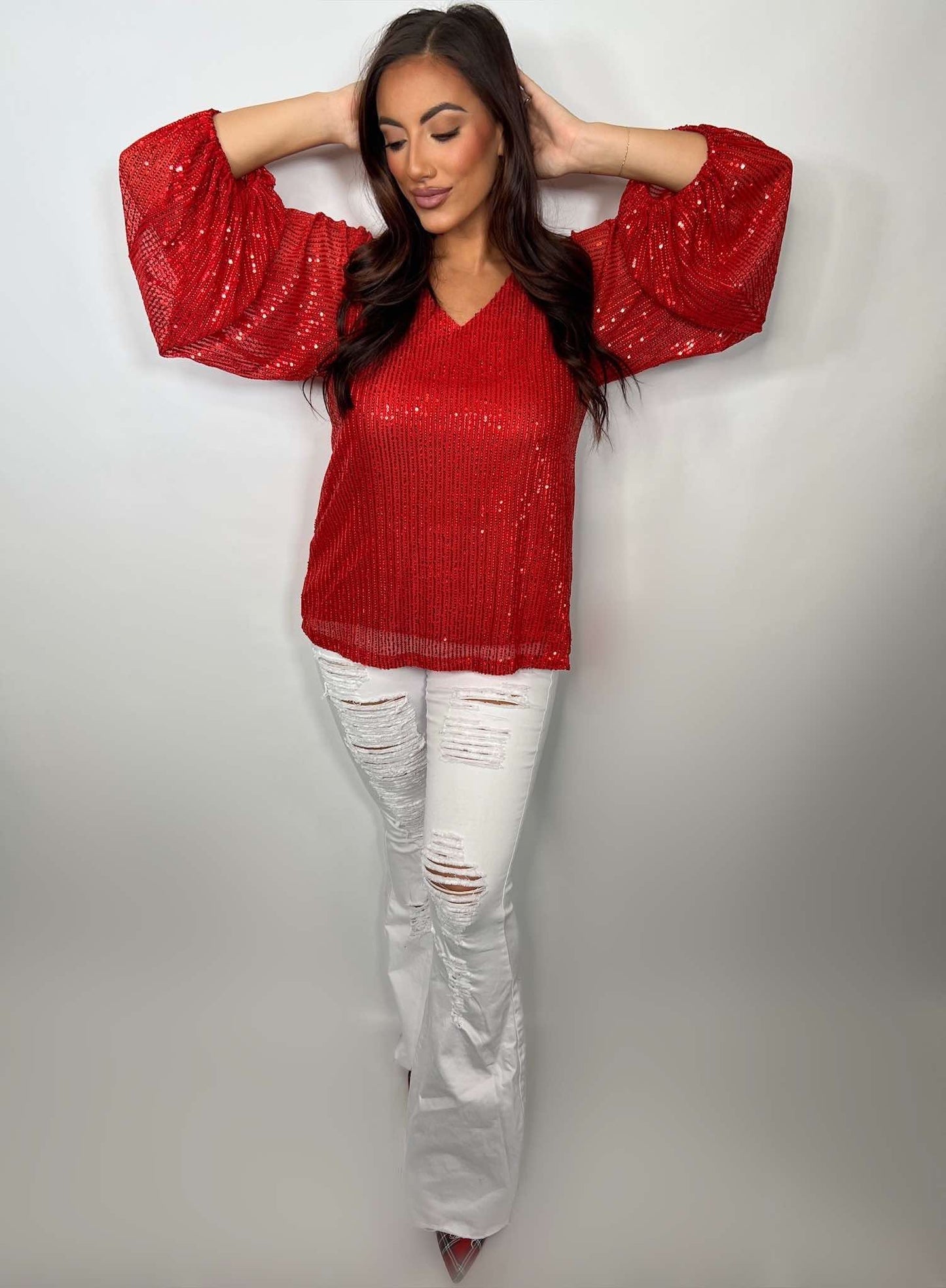 V-NECK BALLOON SLEEVE VALENTINE'S DAY SEQUIN TOP
