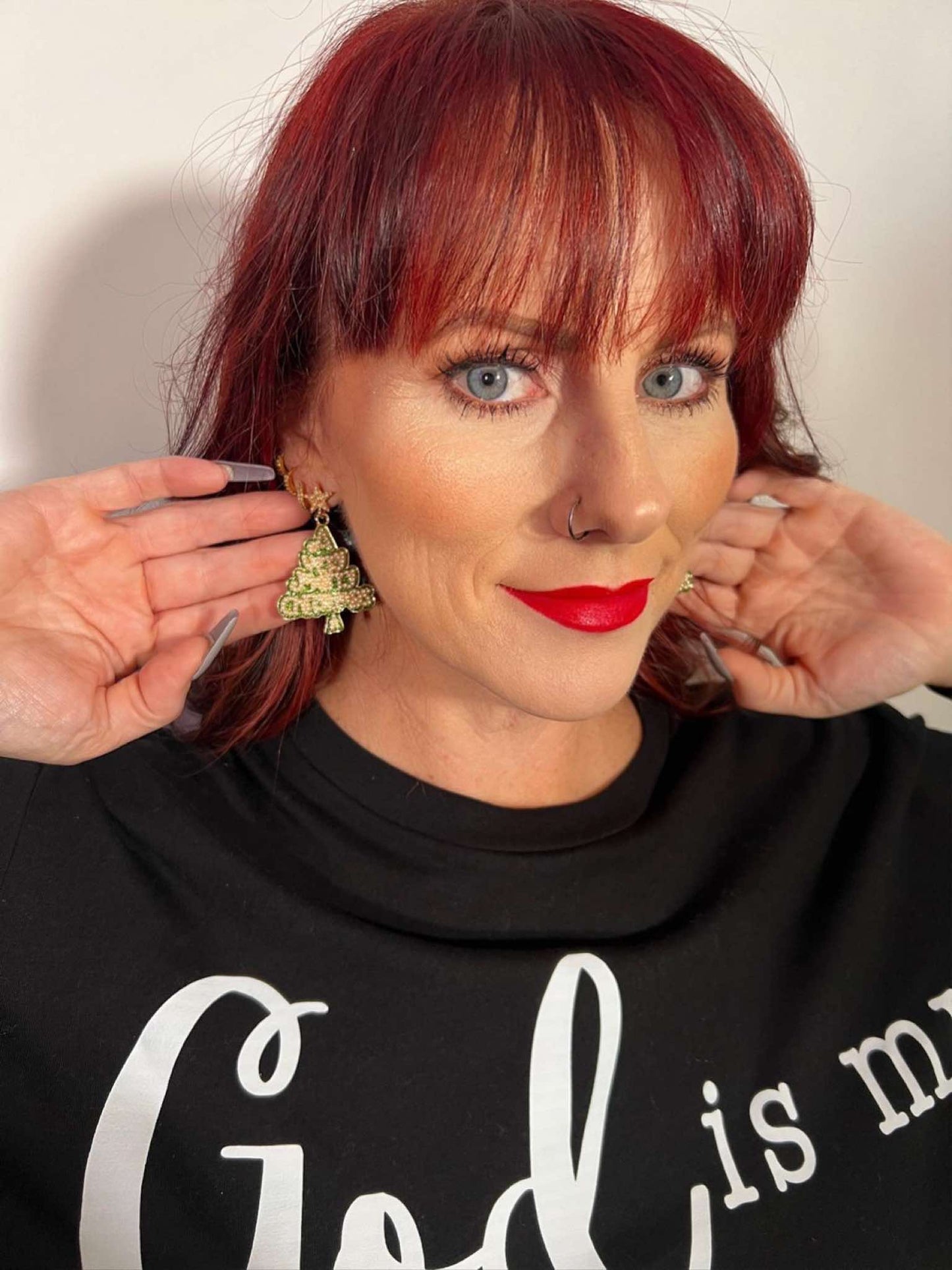 Green with Pearl Christmas Tree Earrings