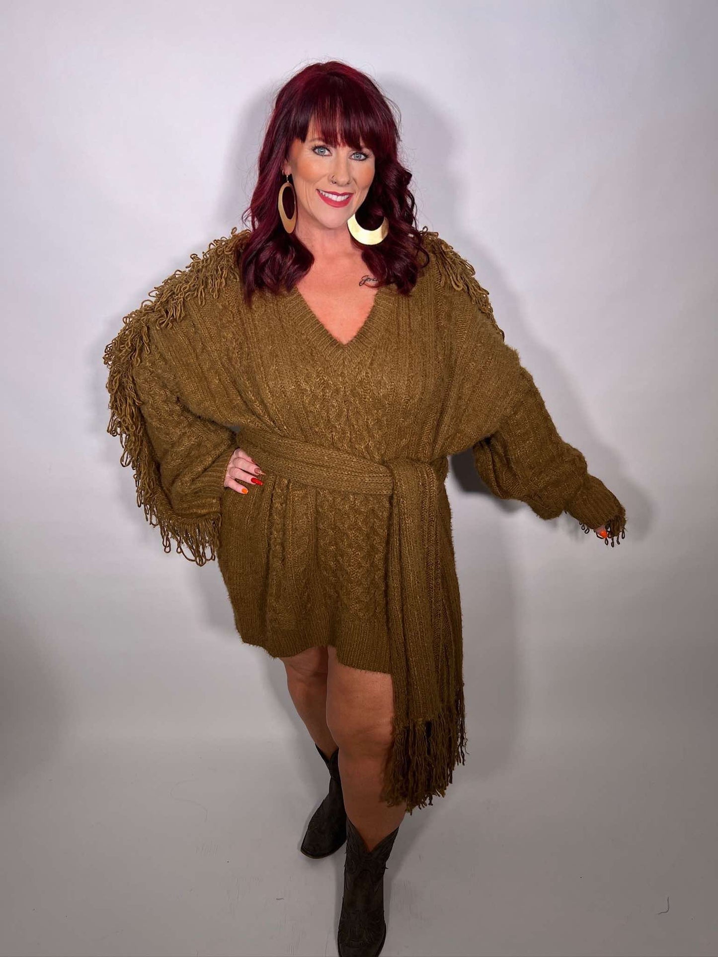 Chunky Knit Sweater Dress with Fringe