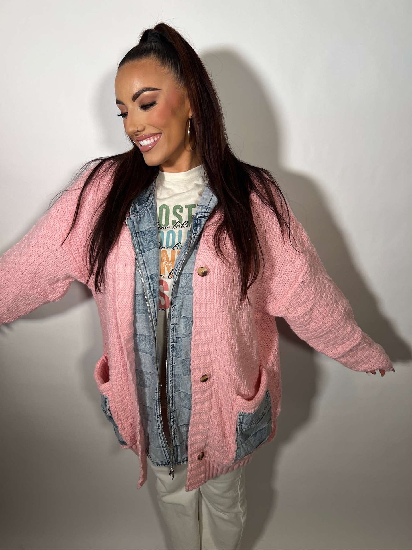 WASHED CHECKER DENIM ZIP UP SWEATER CARDIGAN