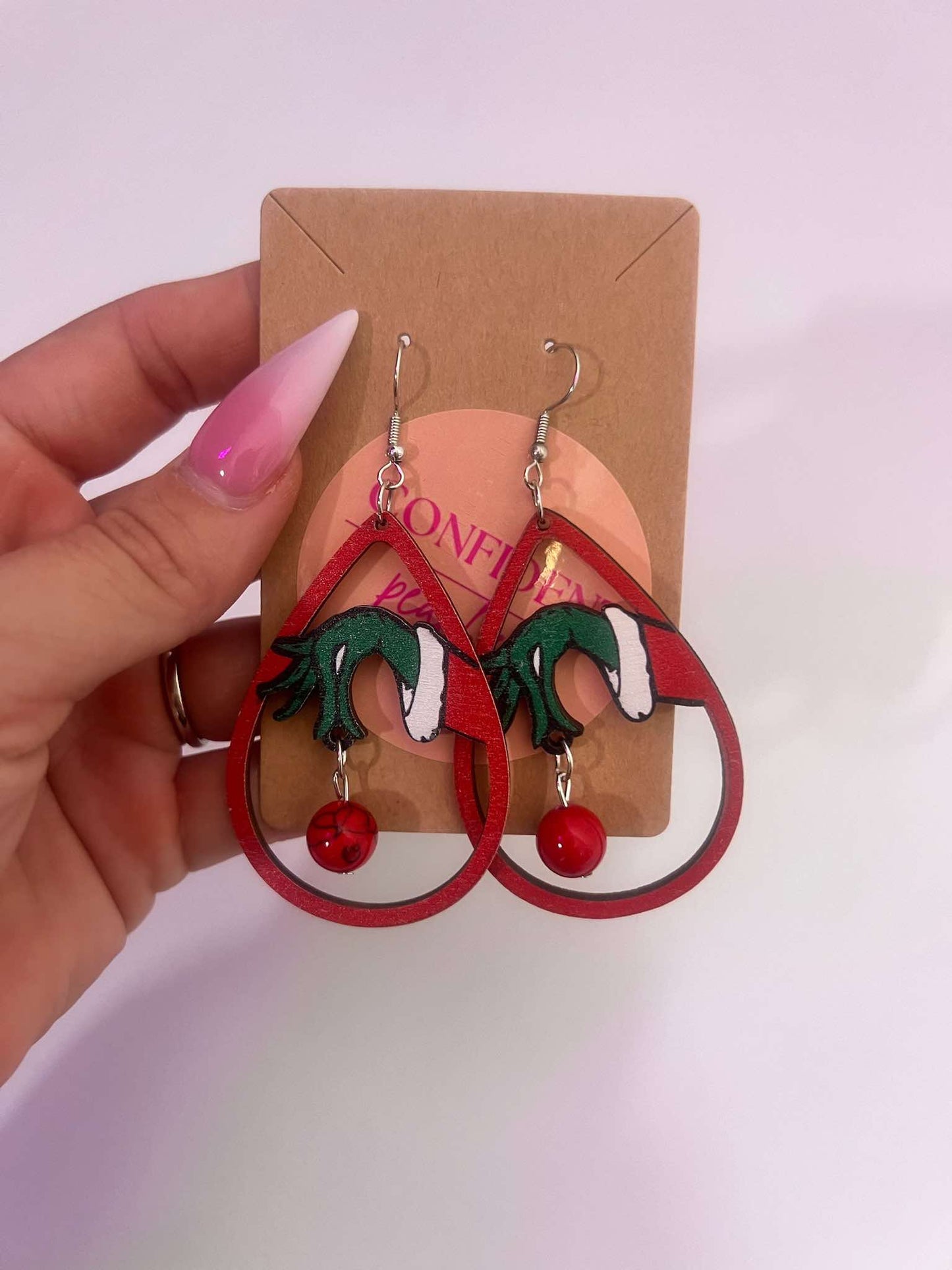 Wooden Grinch Finger Earrings