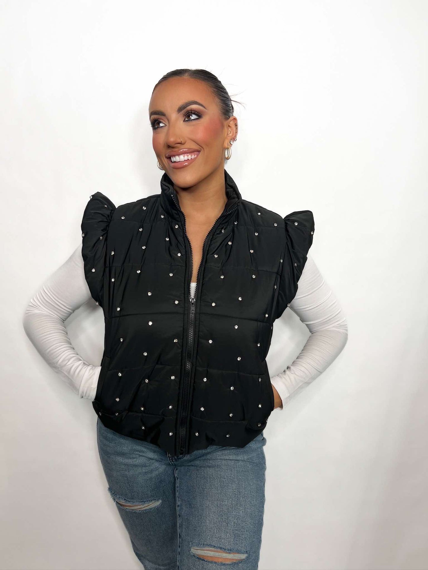 Rhinestone Embellished Quilted Puffer Vest