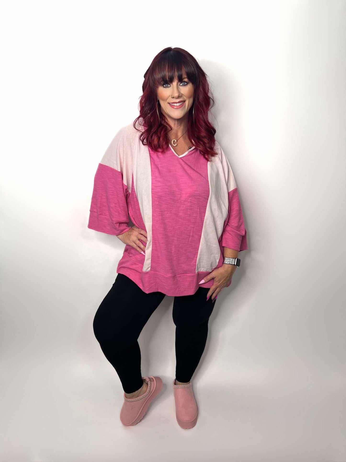 Color block 3/4 sleeves, oversized, textured top