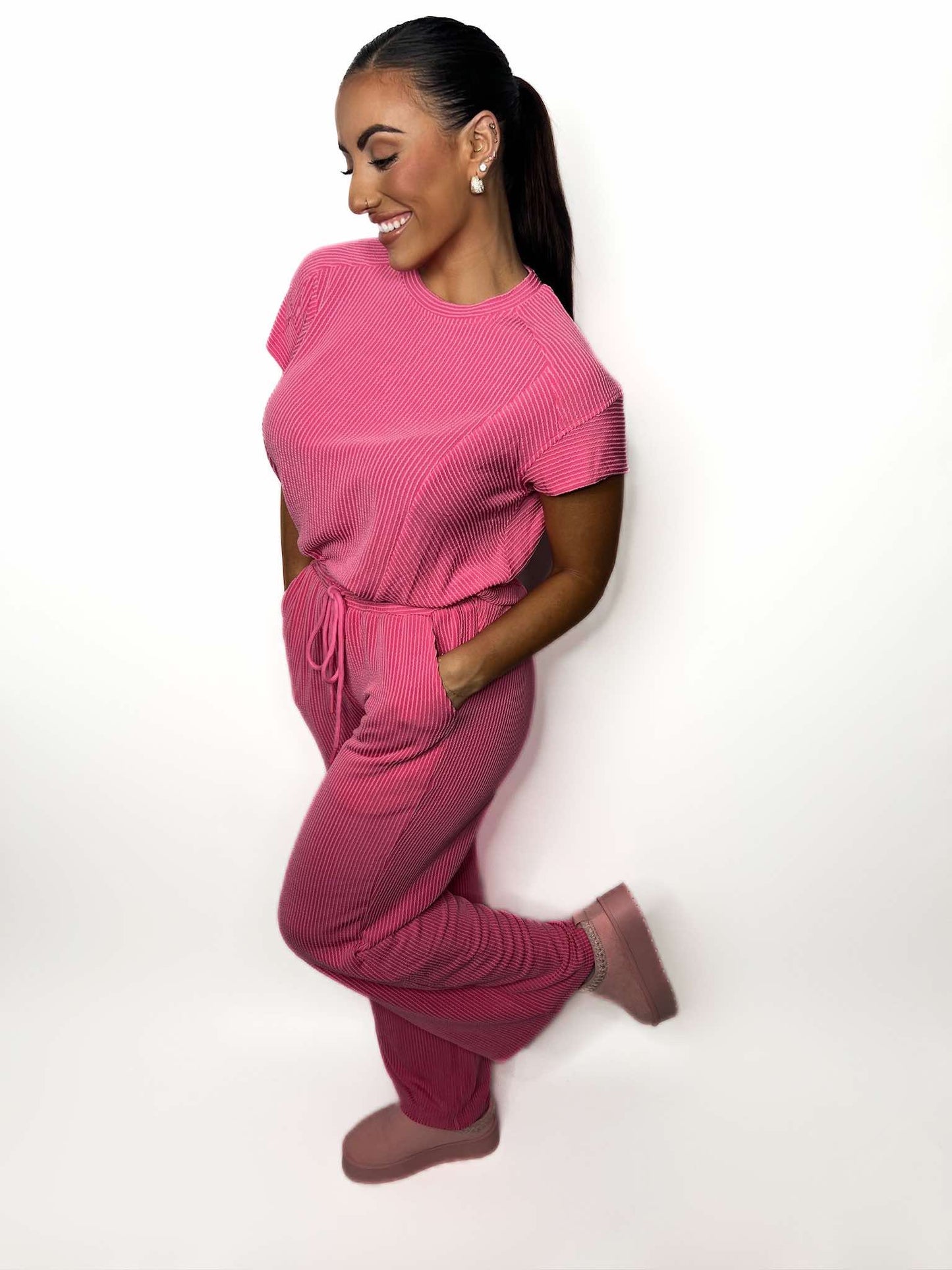 Corded Knit T Shirt and Wide Leg Pants Set
