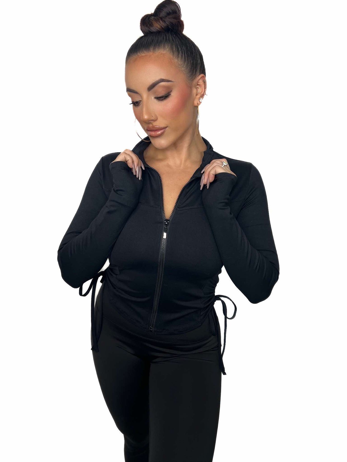 Contouring Seam Drawstring Ruched Zip Jacket