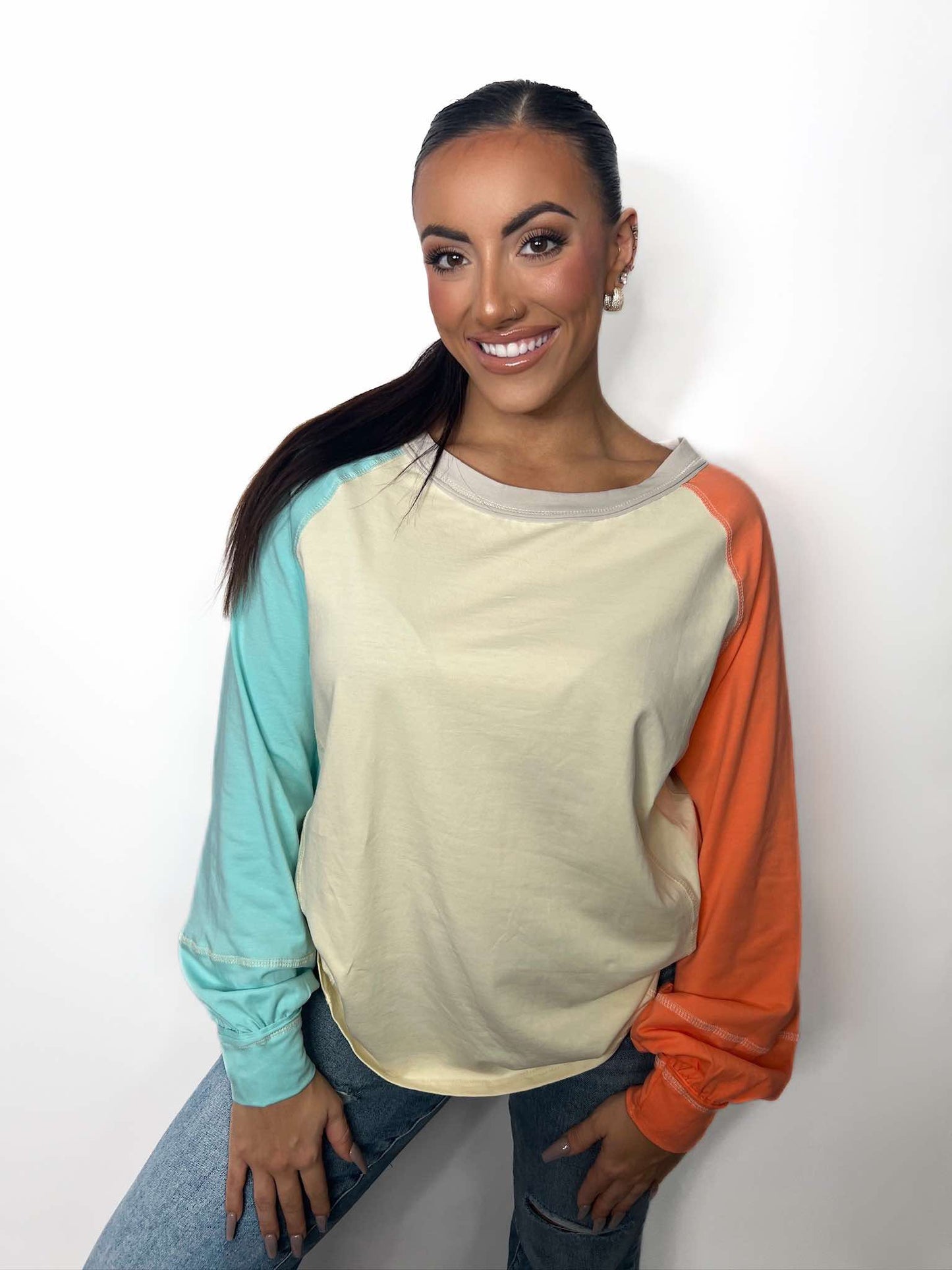 Cream, colorblocked, crew neck, long-sleeved top