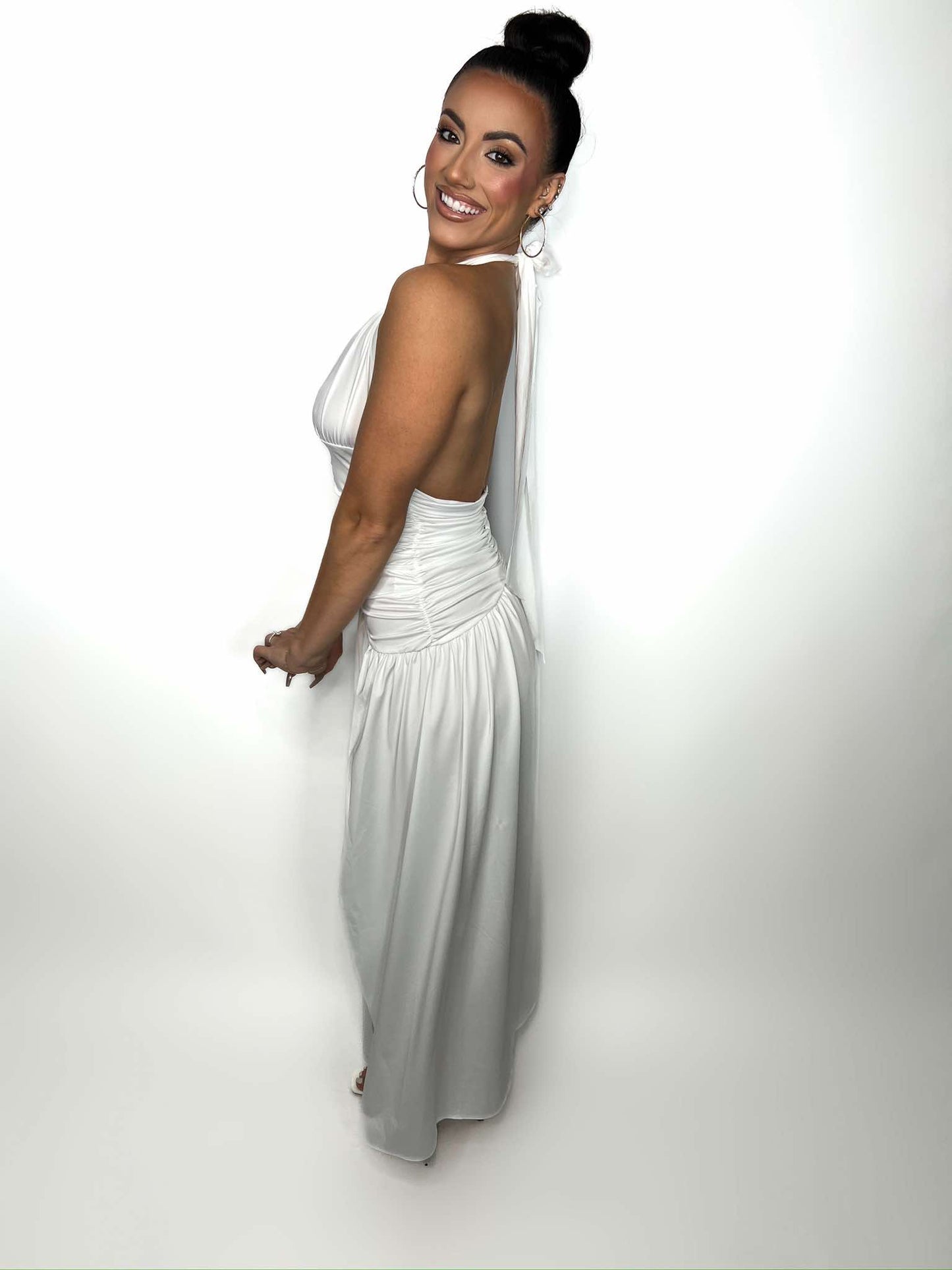 V-Neck Split Pleated Backless Dress