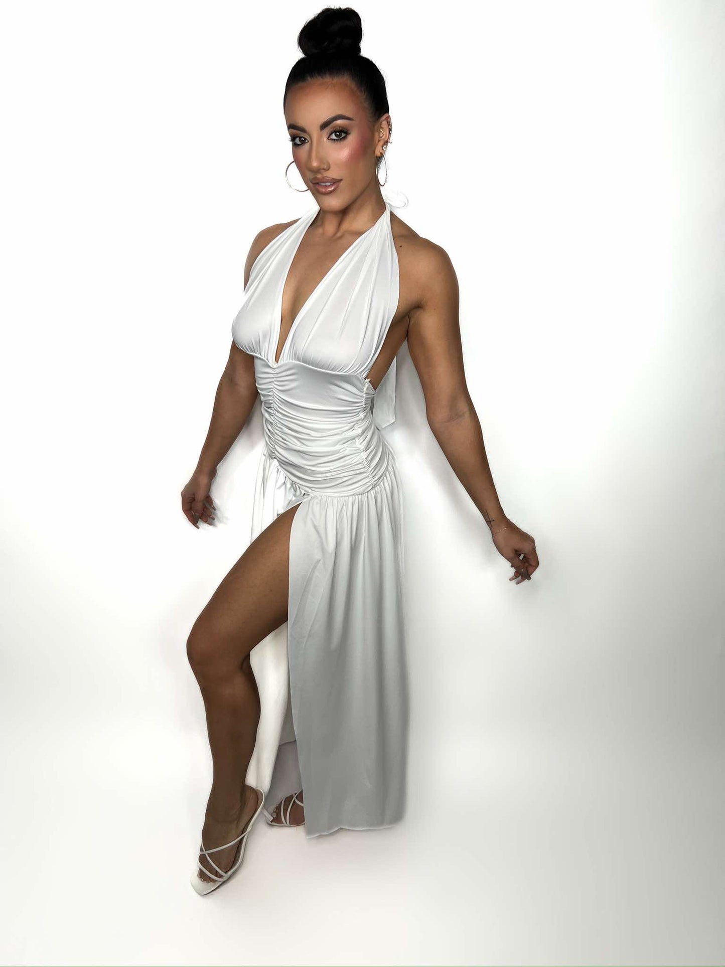 V-Neck Split Pleated Backless Dress