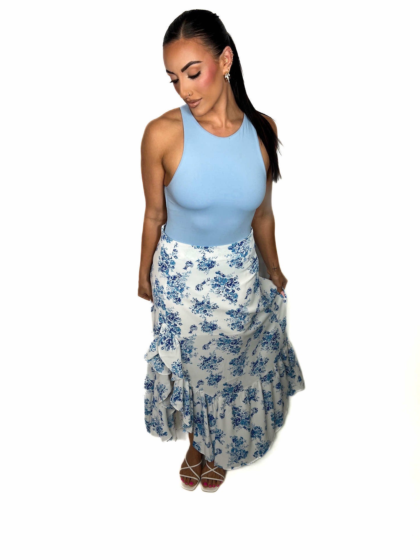 Blue Floral High Waist Ruffle Split Maxi Skirt