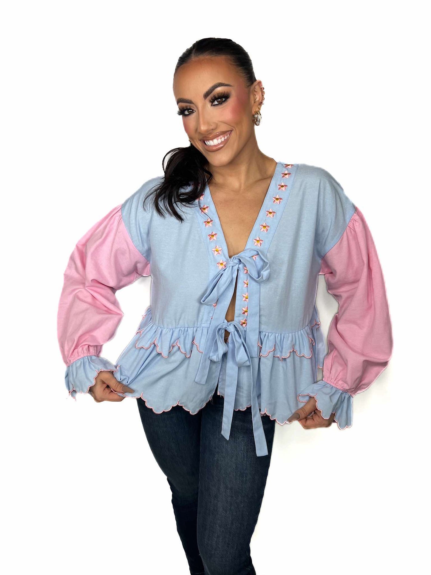 Pastel Embroidered Peplum Blouse with Tie Front