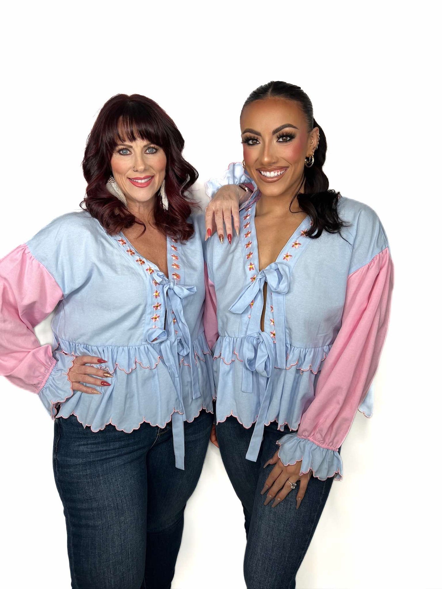 Pastel Embroidered Peplum Blouse with Tie Front