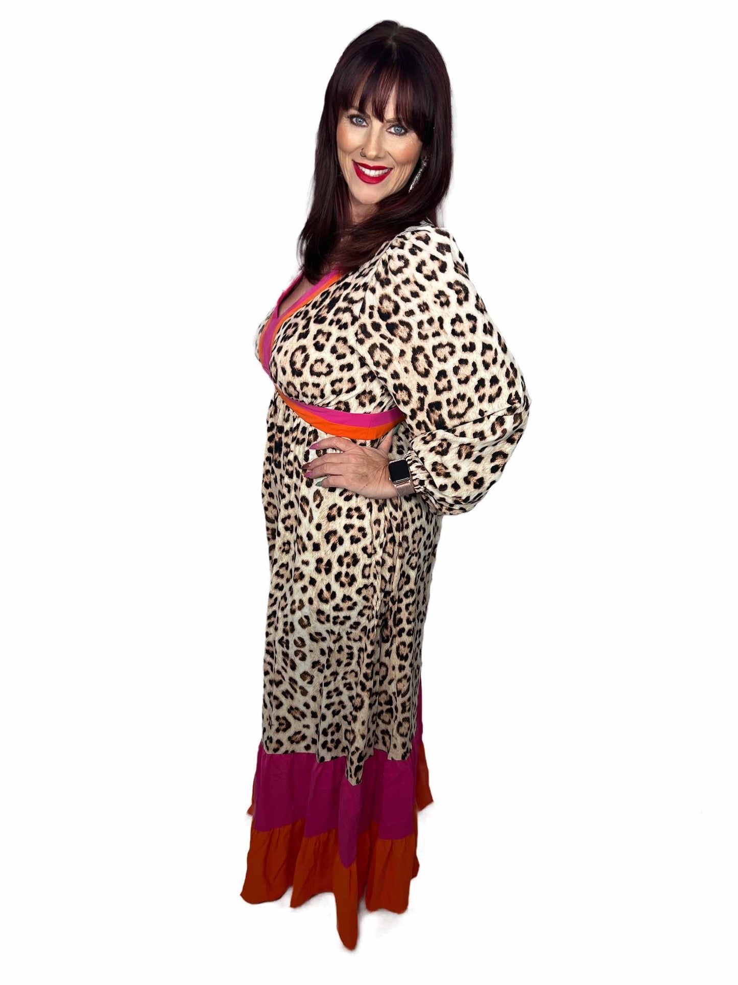 Leopard Color Block V Neck Loose Fit Maxi Dress