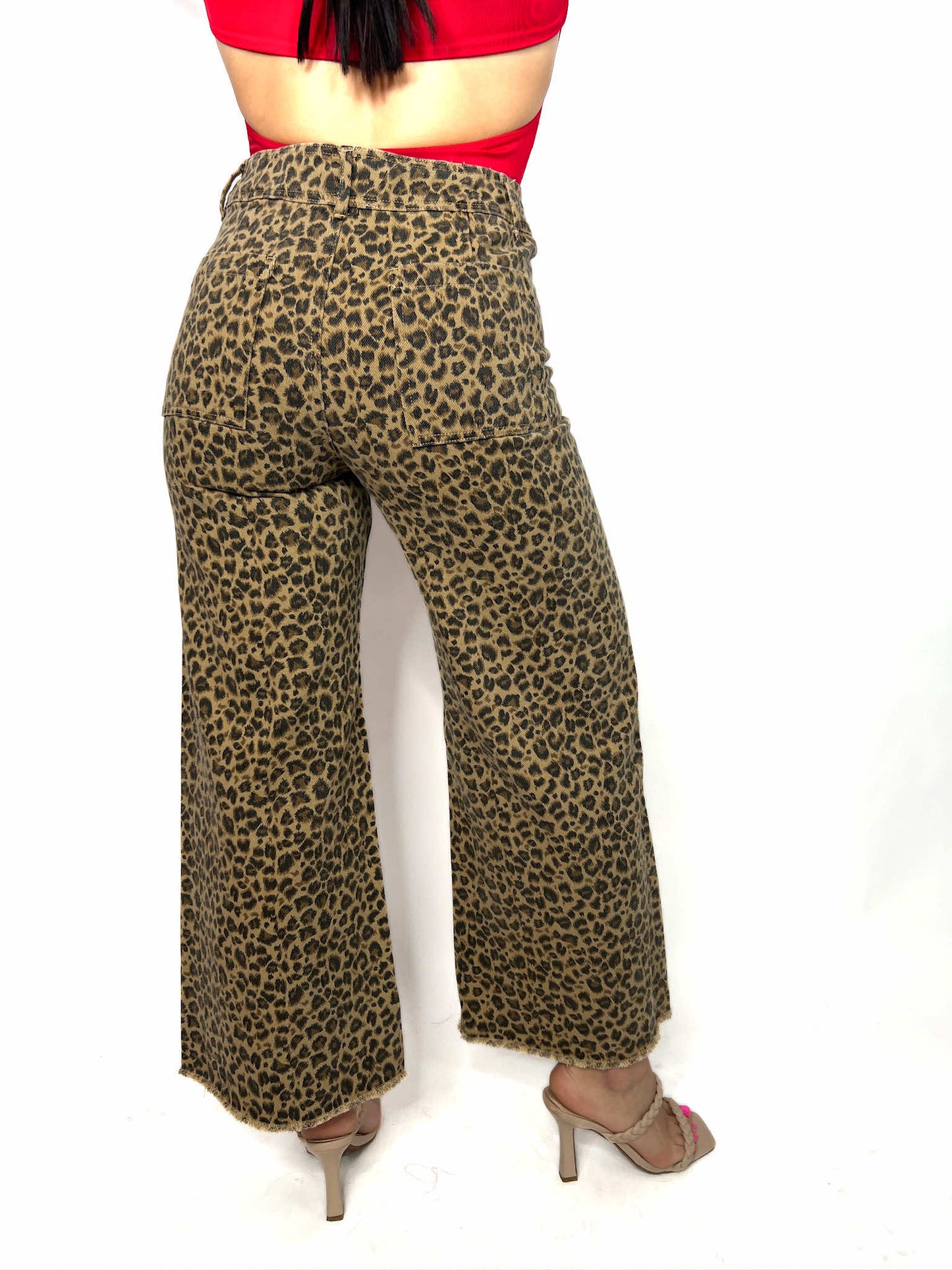 MID RISE LEOPARD TWILL DENIM FRAYED HEM WIDE LEG