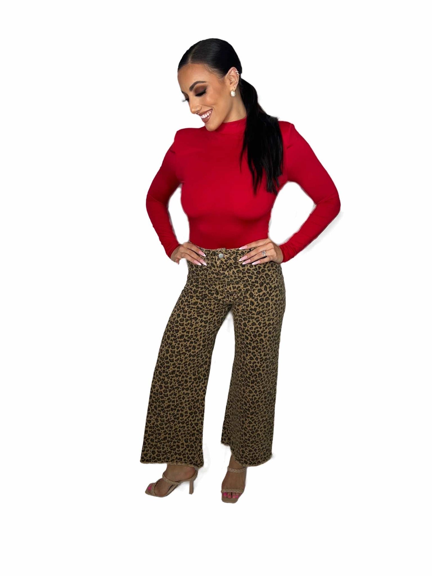 MID RISE LEOPARD TWILL DENIM FRAYED HEM WIDE LEG