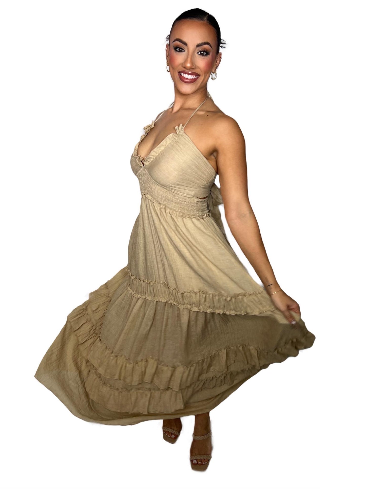 V NECK WOVEN MAXI DRESS