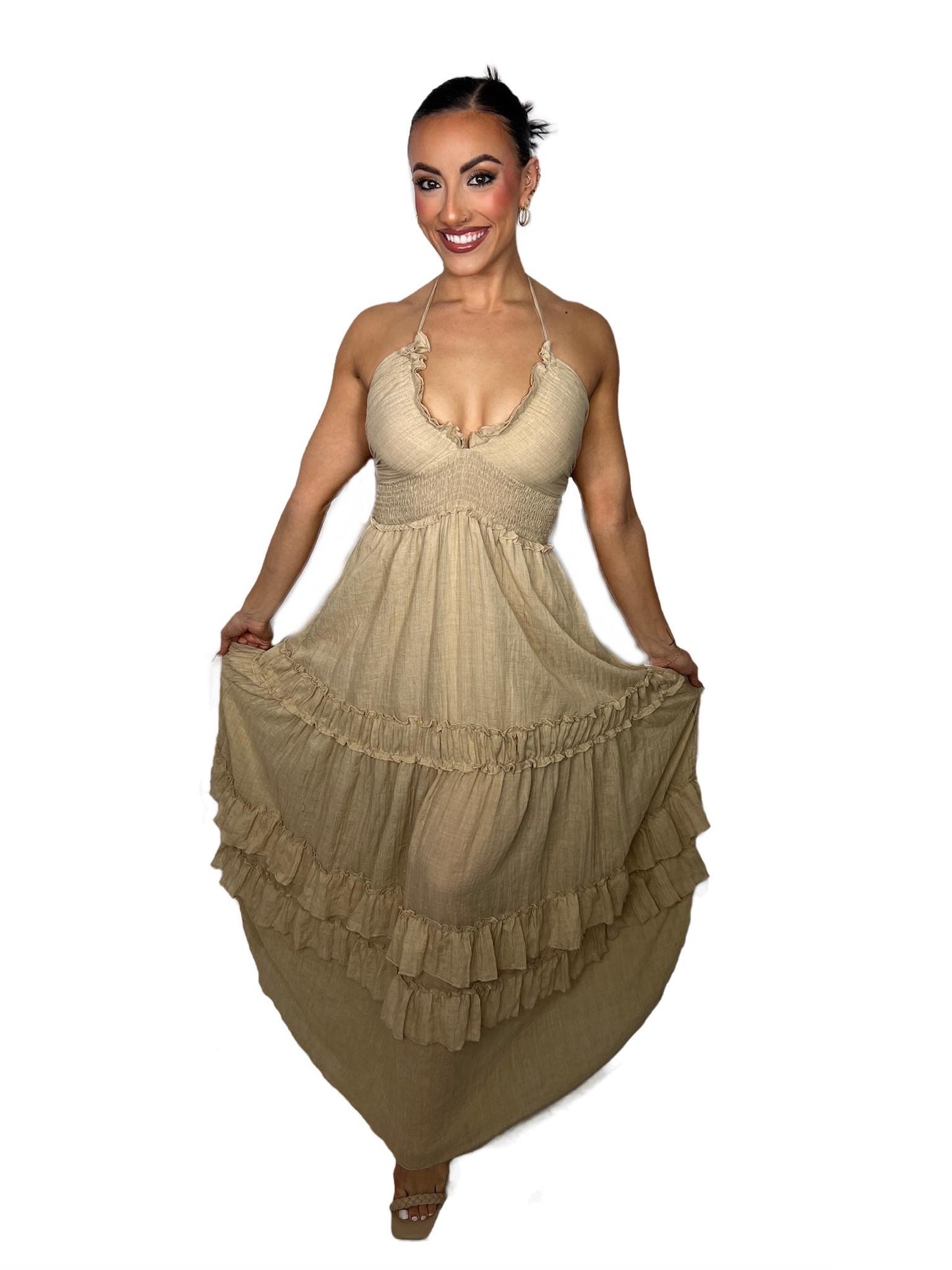 V NECK WOVEN MAXI DRESS