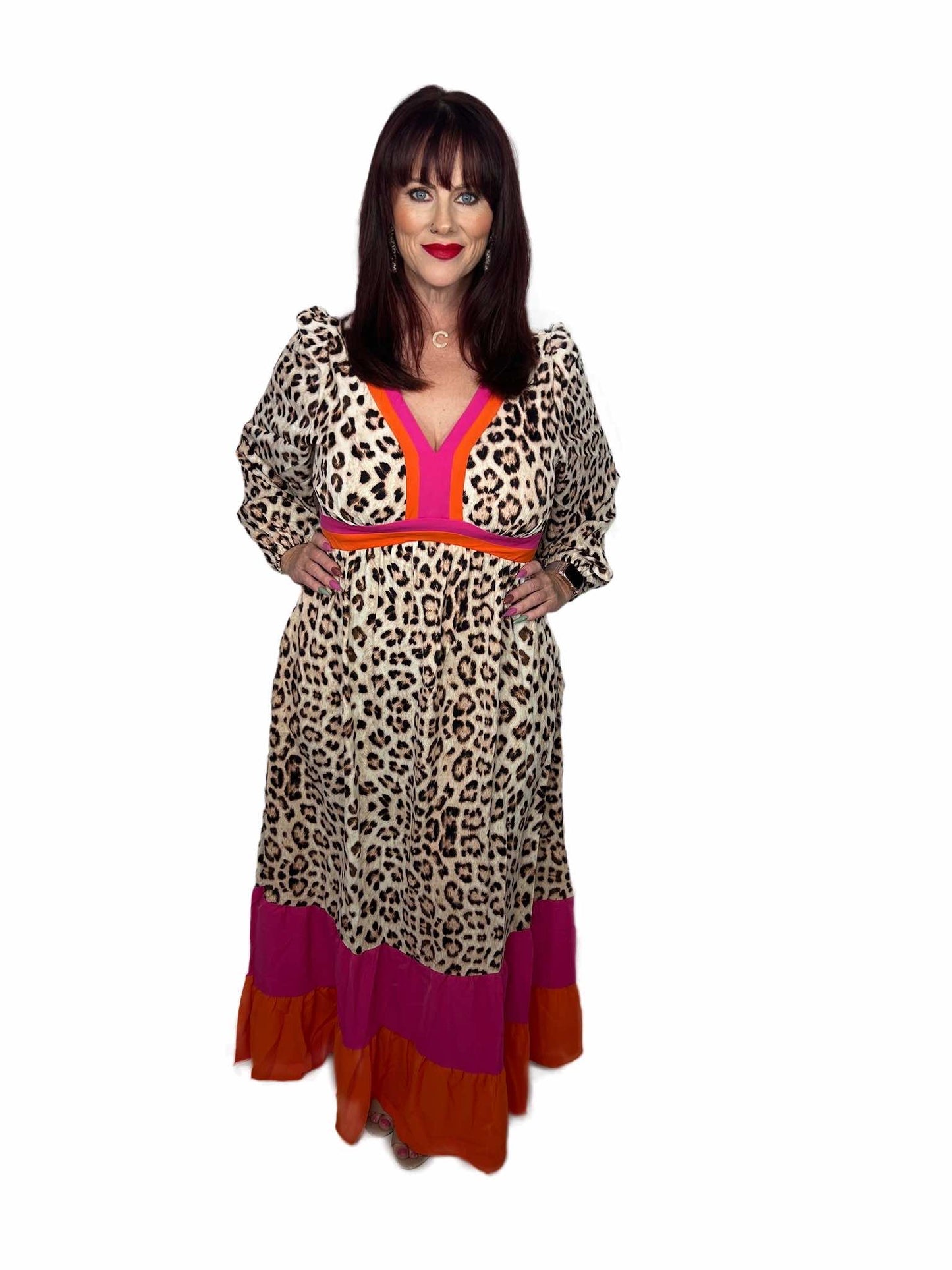 Leopard Color Block V Neck Loose Fit Maxi Dress